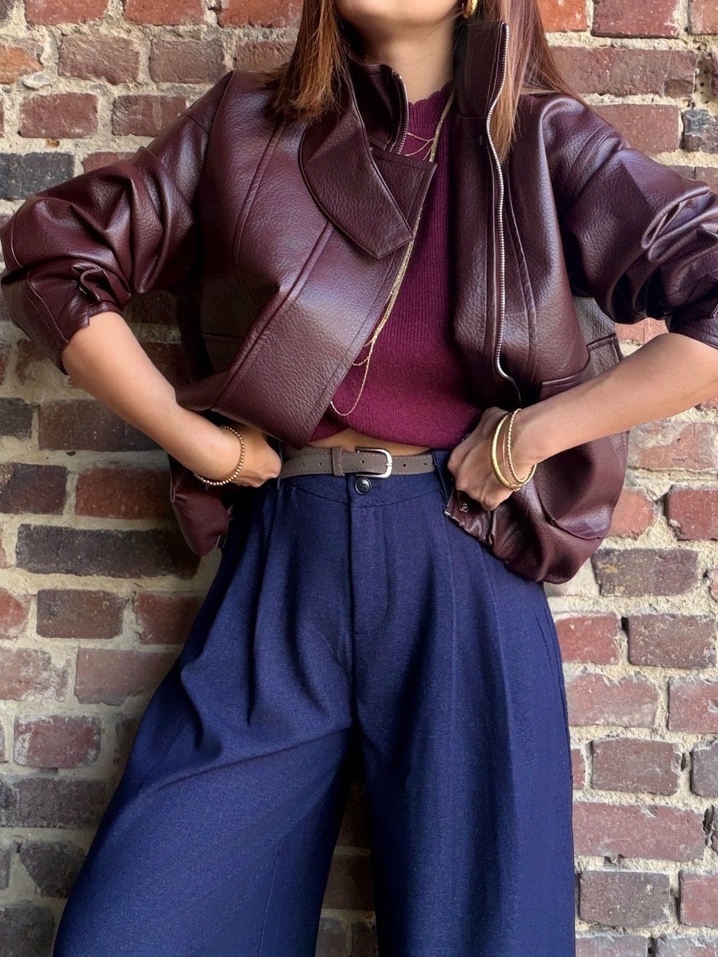 Veste bordeaux en similicuir col montant