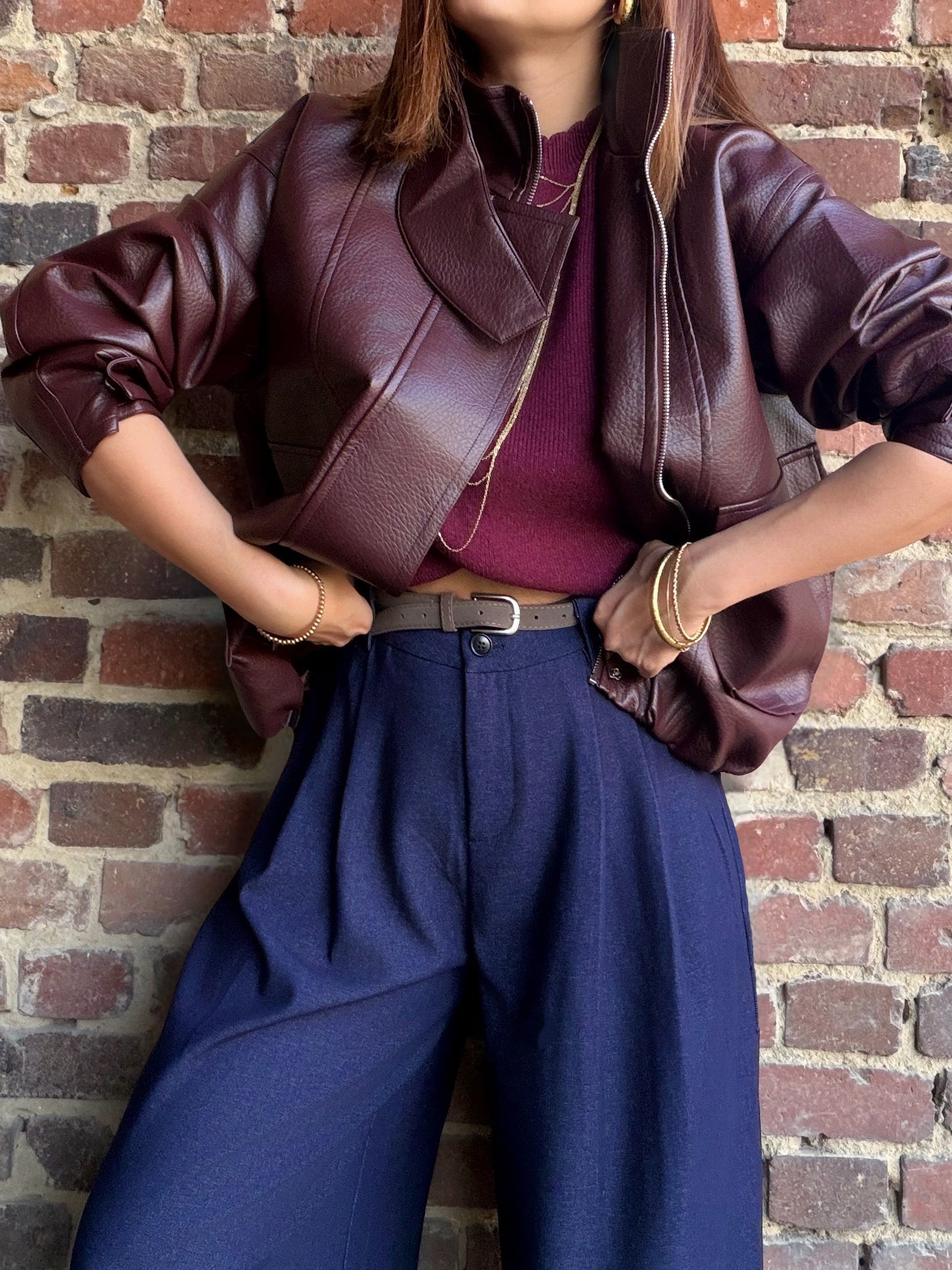 Veste bordeaux en similicuir col montant