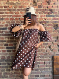 Robe épaules nues chocolat à pois