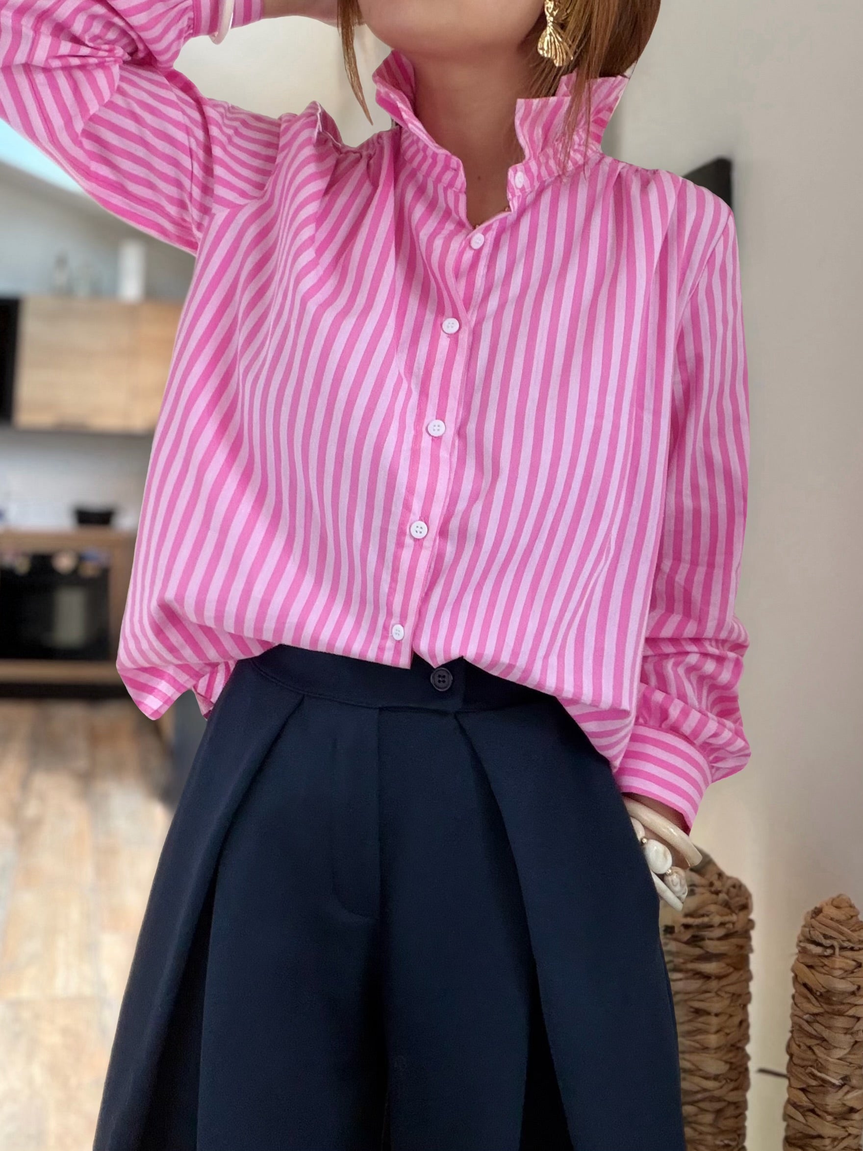 Chemise col victorien rose à rayures