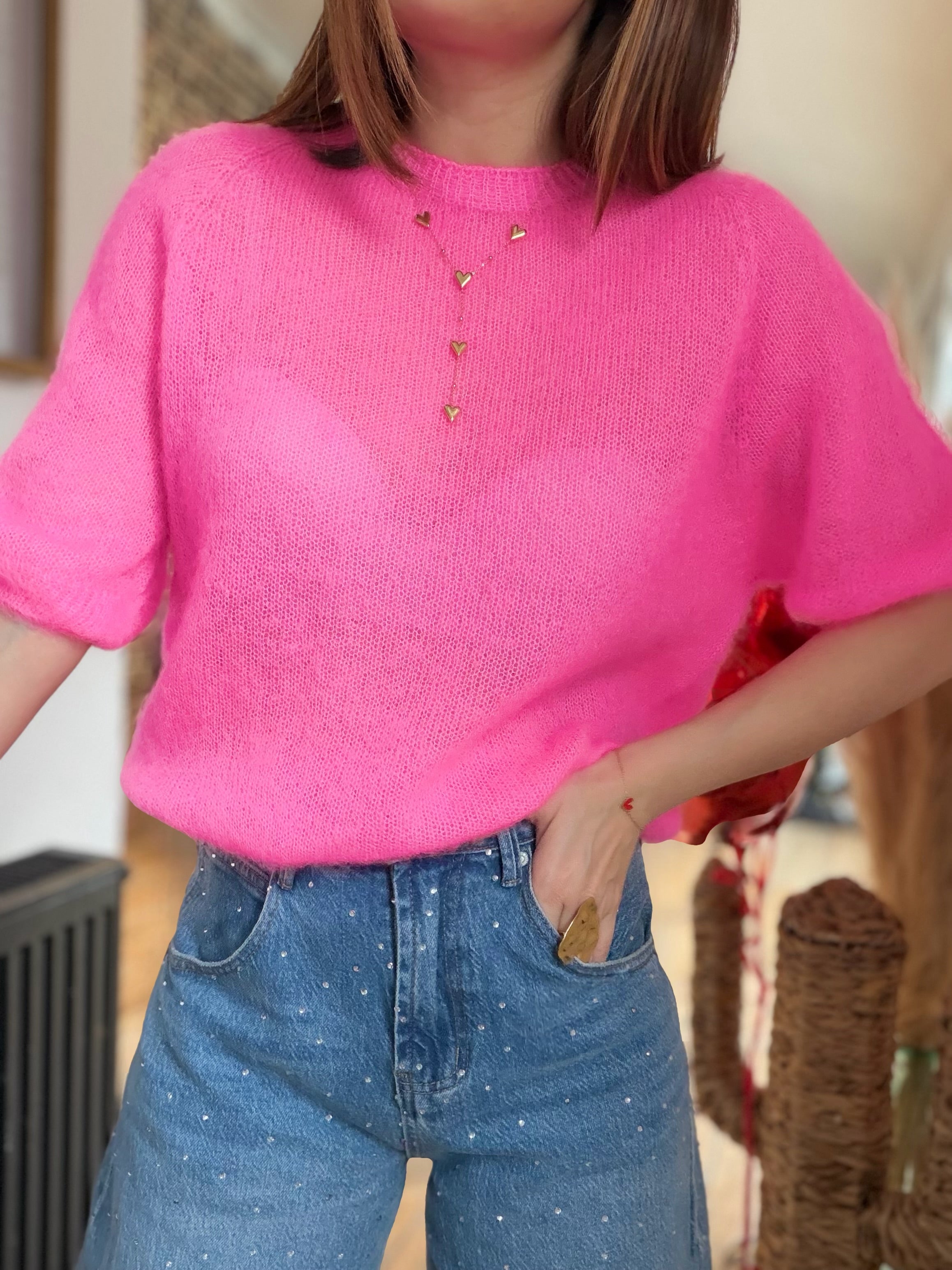 Pull rose manches courtes
