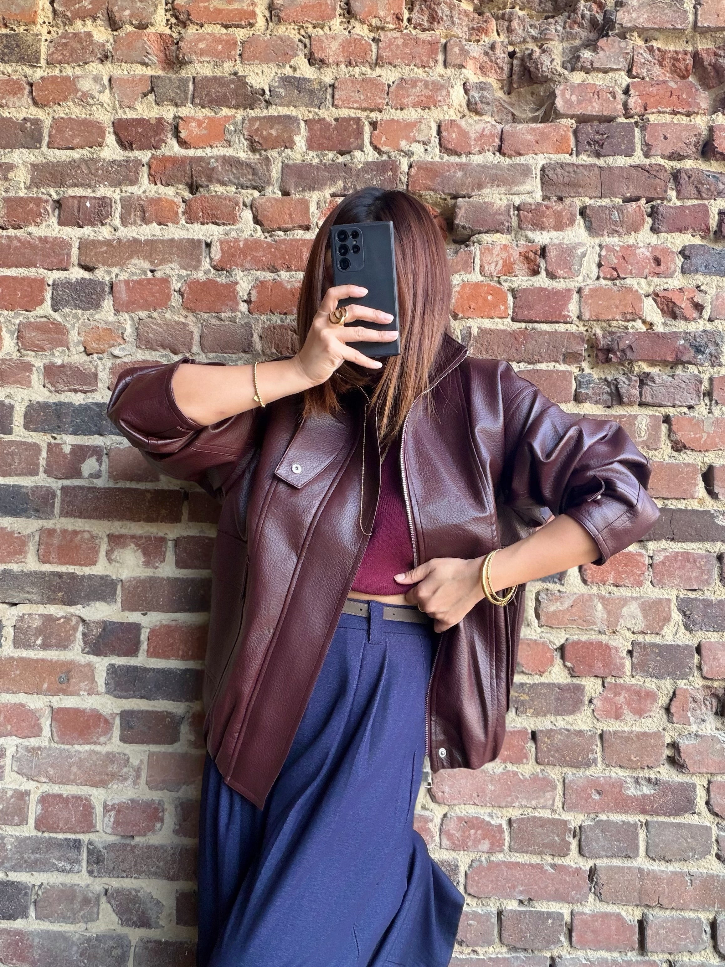 Veste bordeaux en similicuir col montant