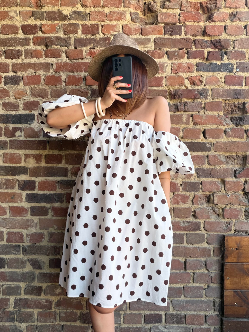 Robe épaules nues écrue à pois