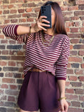 Pull fin à rayures bordeaux et beige