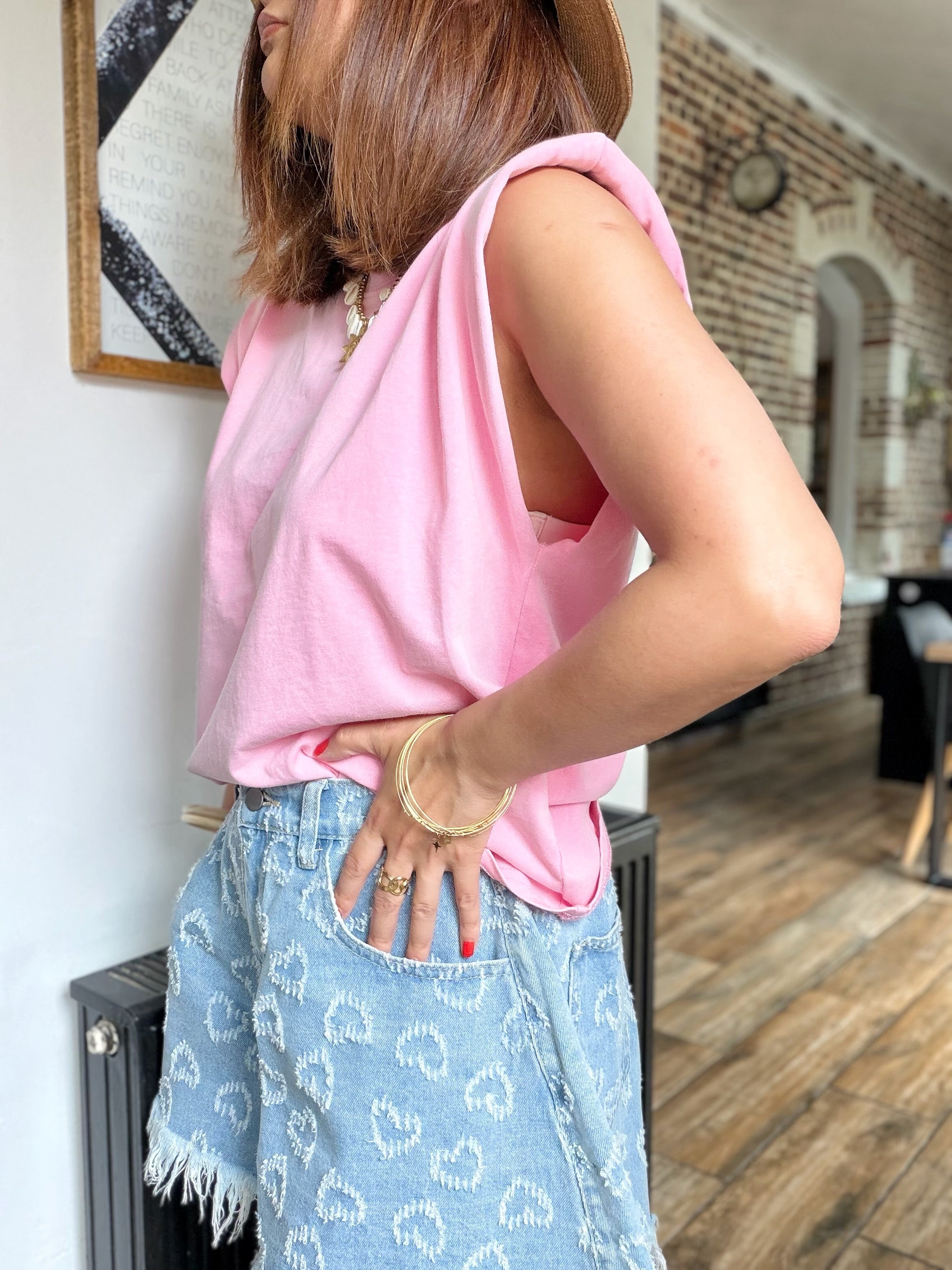 T-shirt rose delavé épaulettes