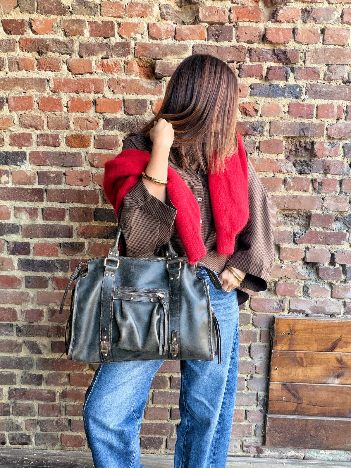 Chemise camel à carreaux avec manches 3/4