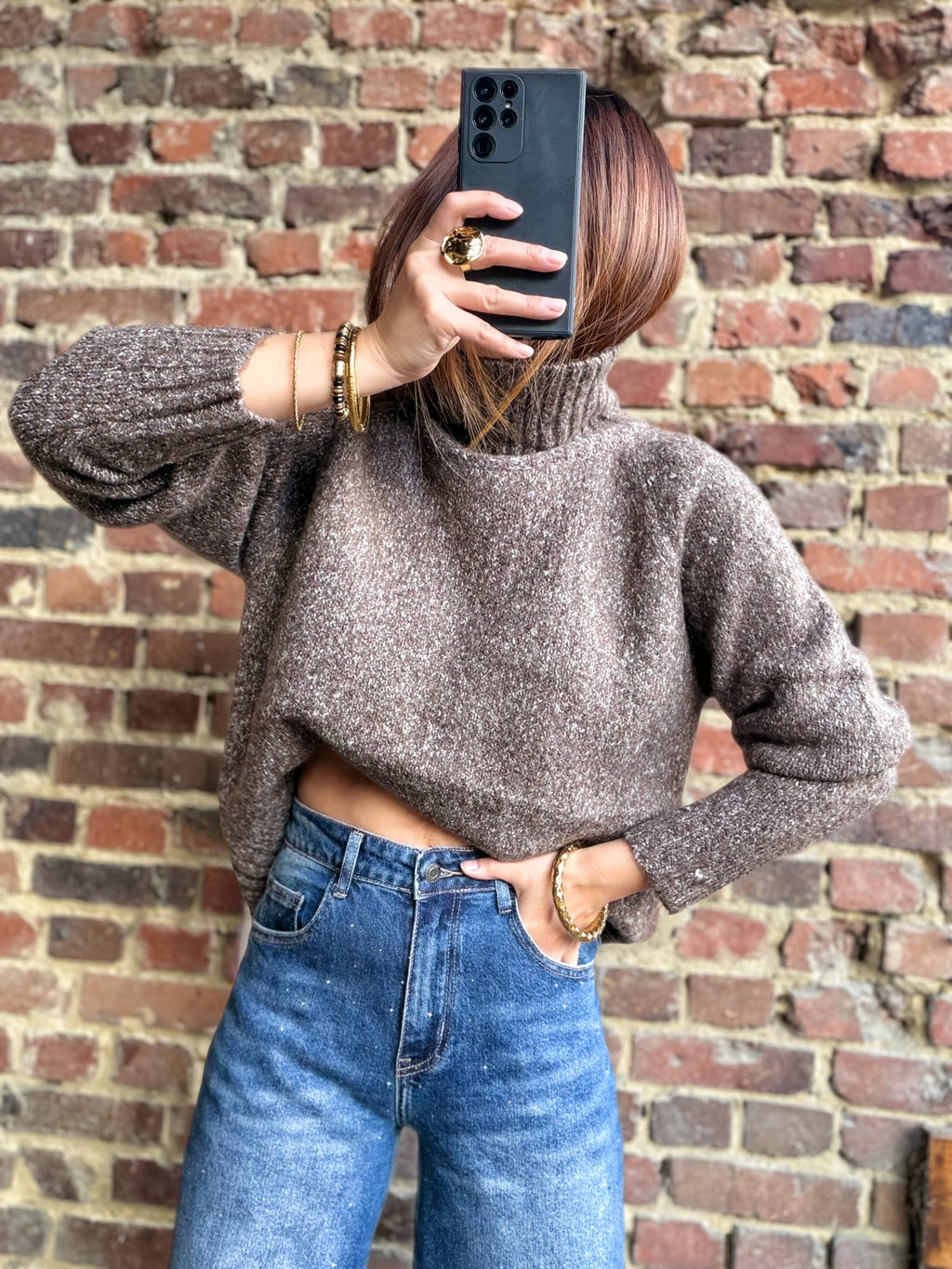 Pull taupe chiné col haut