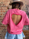 Tshirt rayé rouge et rose coeur dans le dos