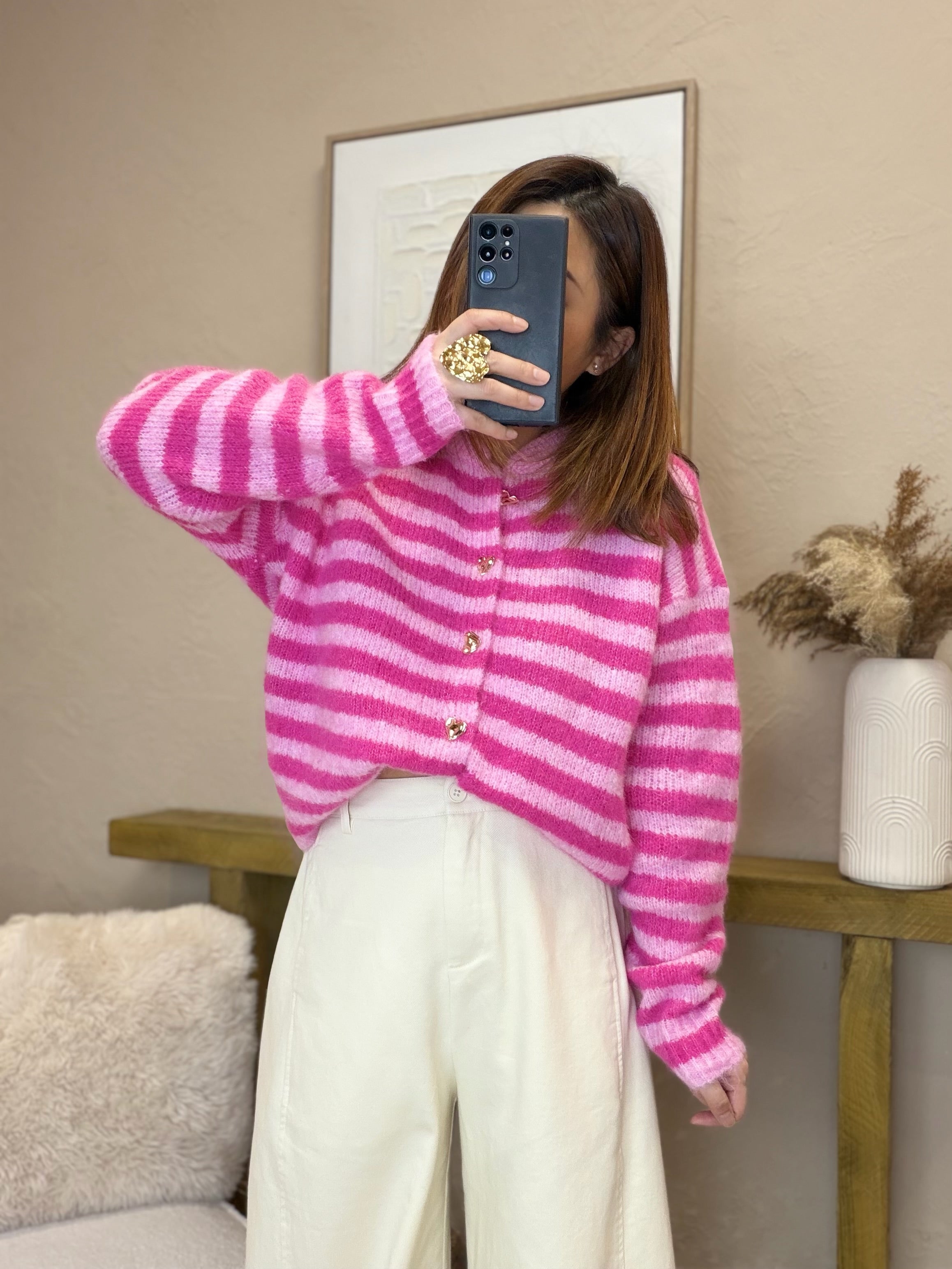 Gilet rayé rose boutons cœurs