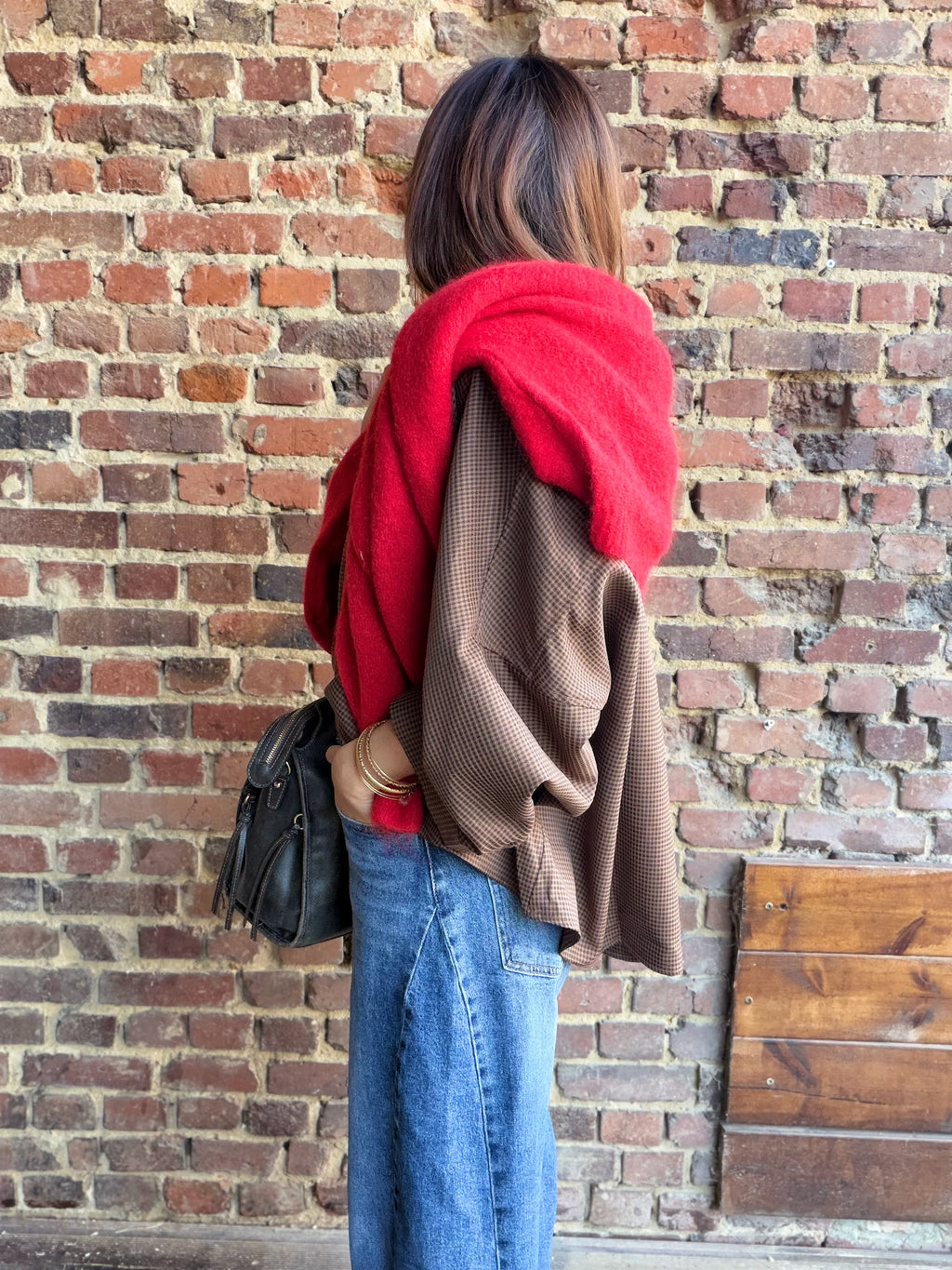Chemise camel à carreaux avec manches 3/4