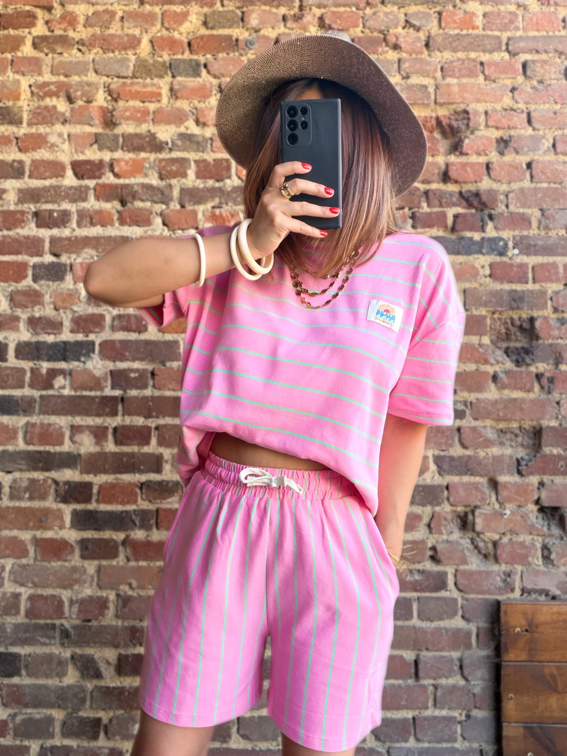 Ensemble rayé rose et vert