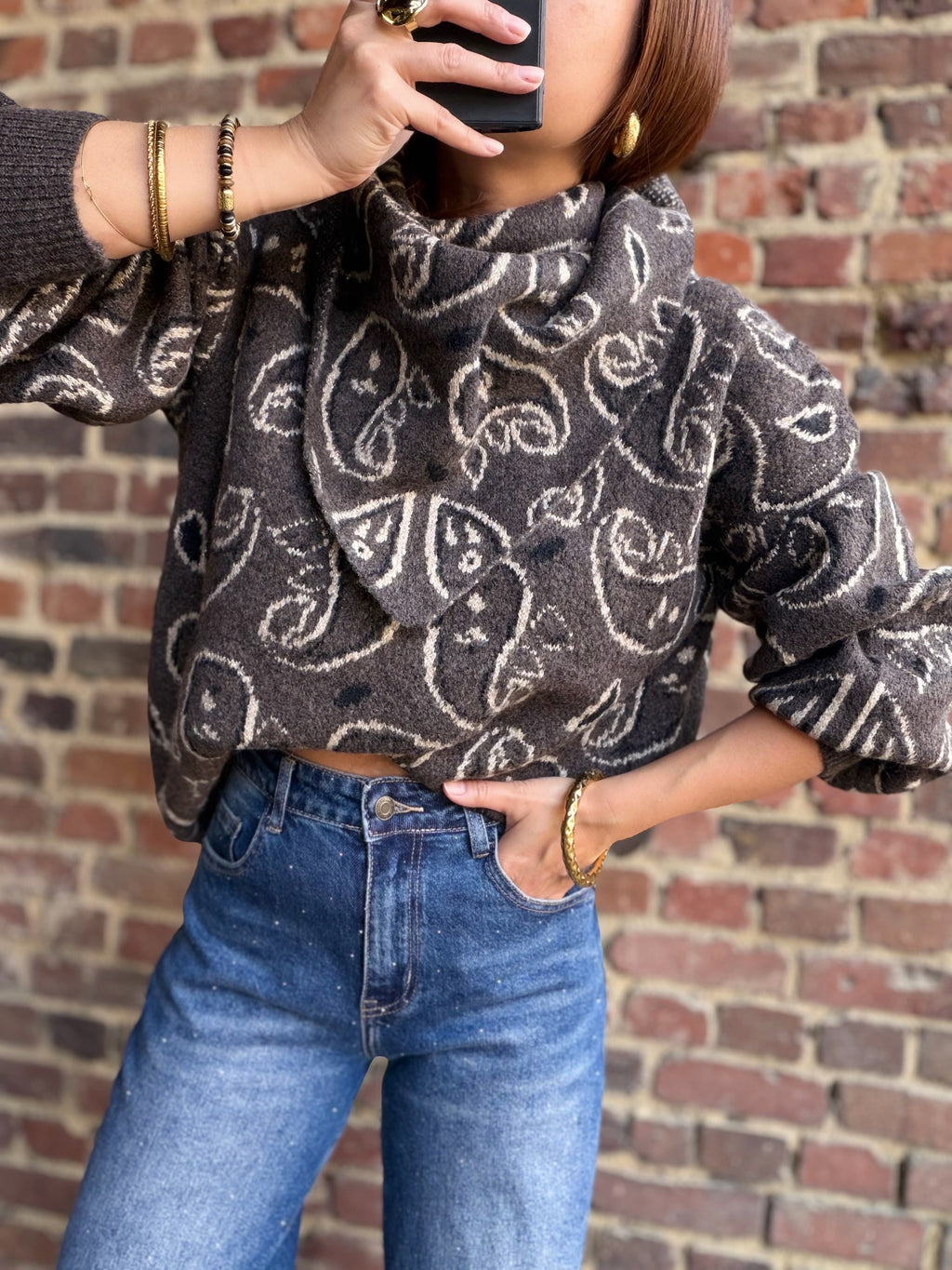 Pull bandana taupe avec foulard