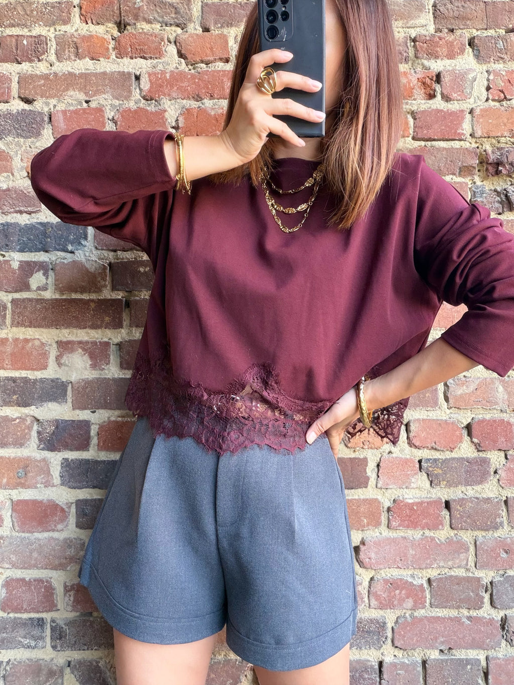 T-shirt manches longues bas dentelle bordeaux
