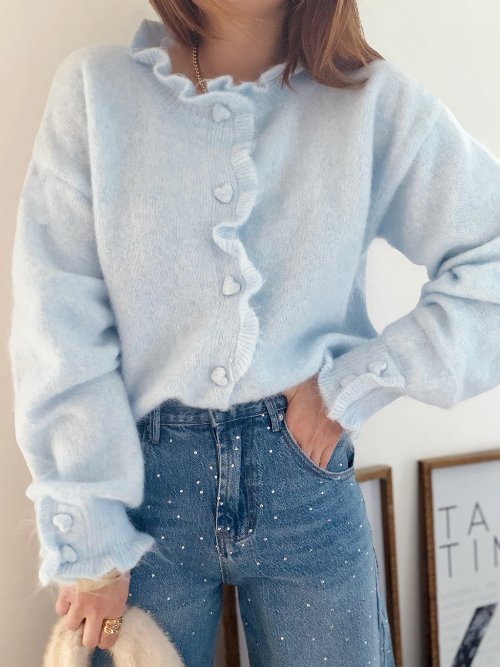 Gilet bleu boutons cœurs