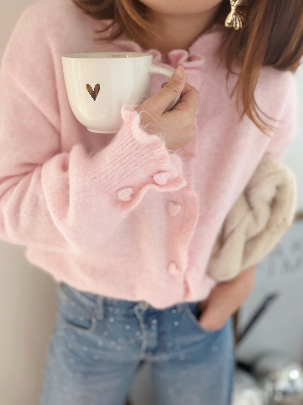 Gilet rose boutons cœurs