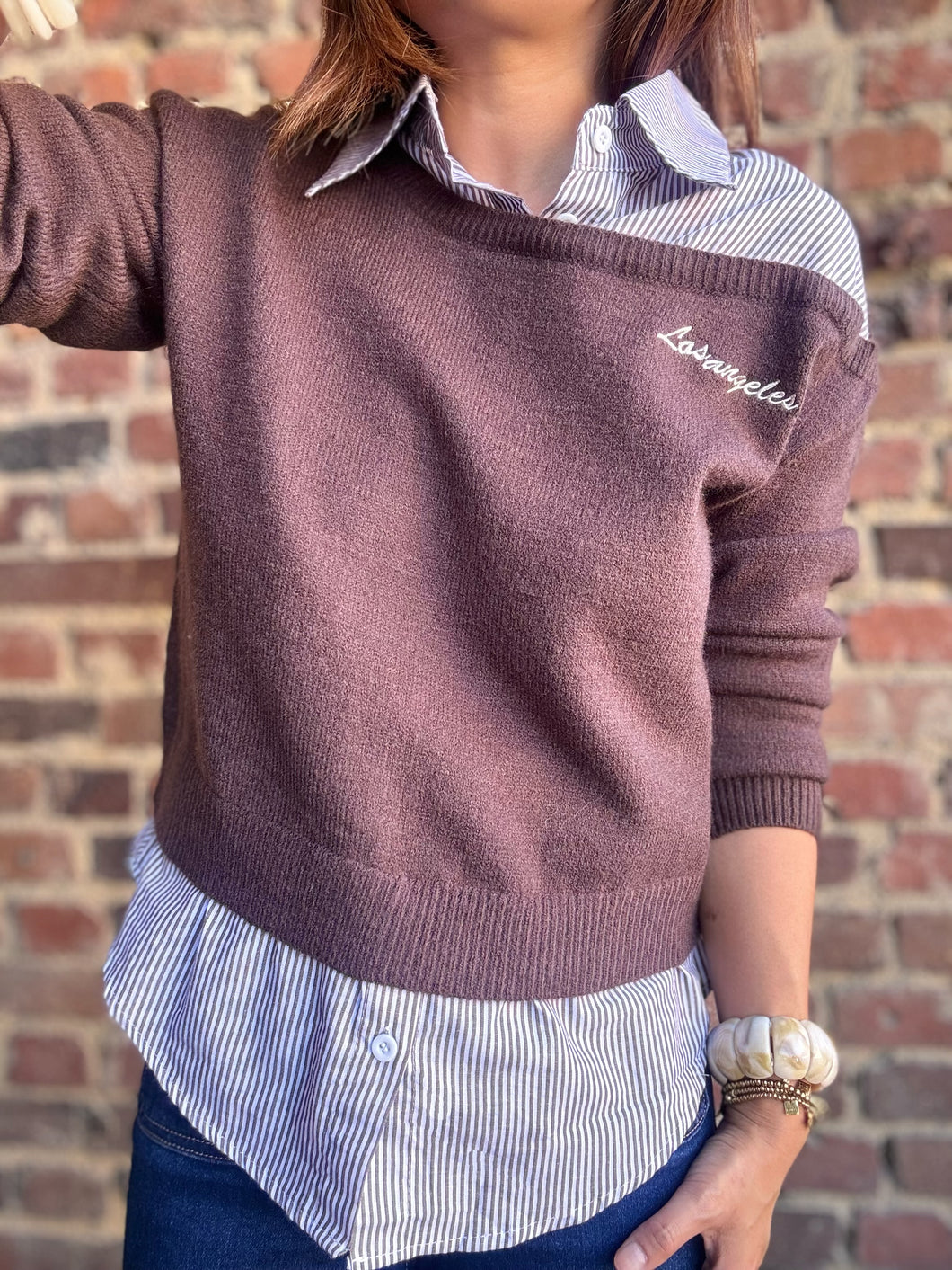 Pull chemise rayée marron