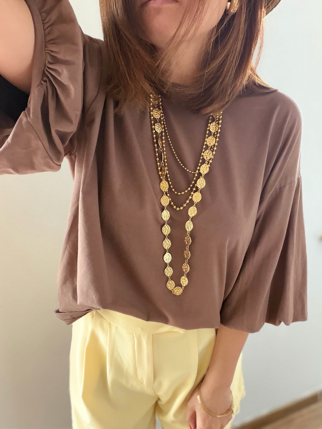T-shirt marron manches bouffantes