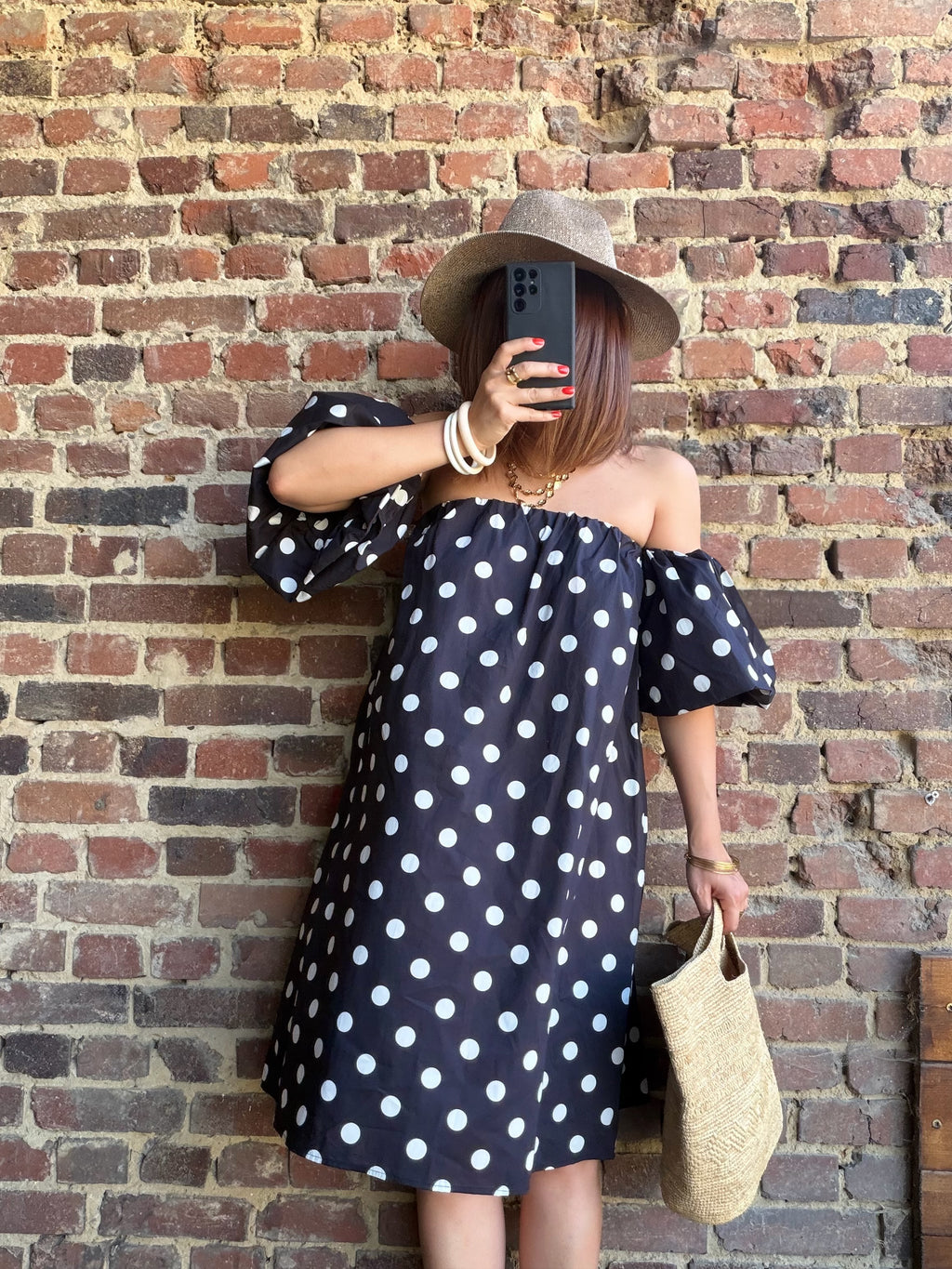Robe épaules nues noire à pois