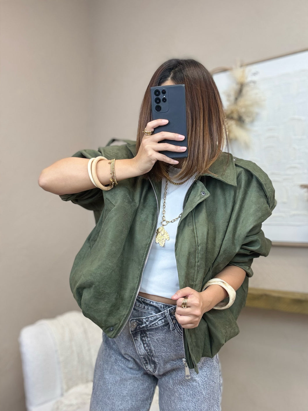 Veste kaki large imitation daim