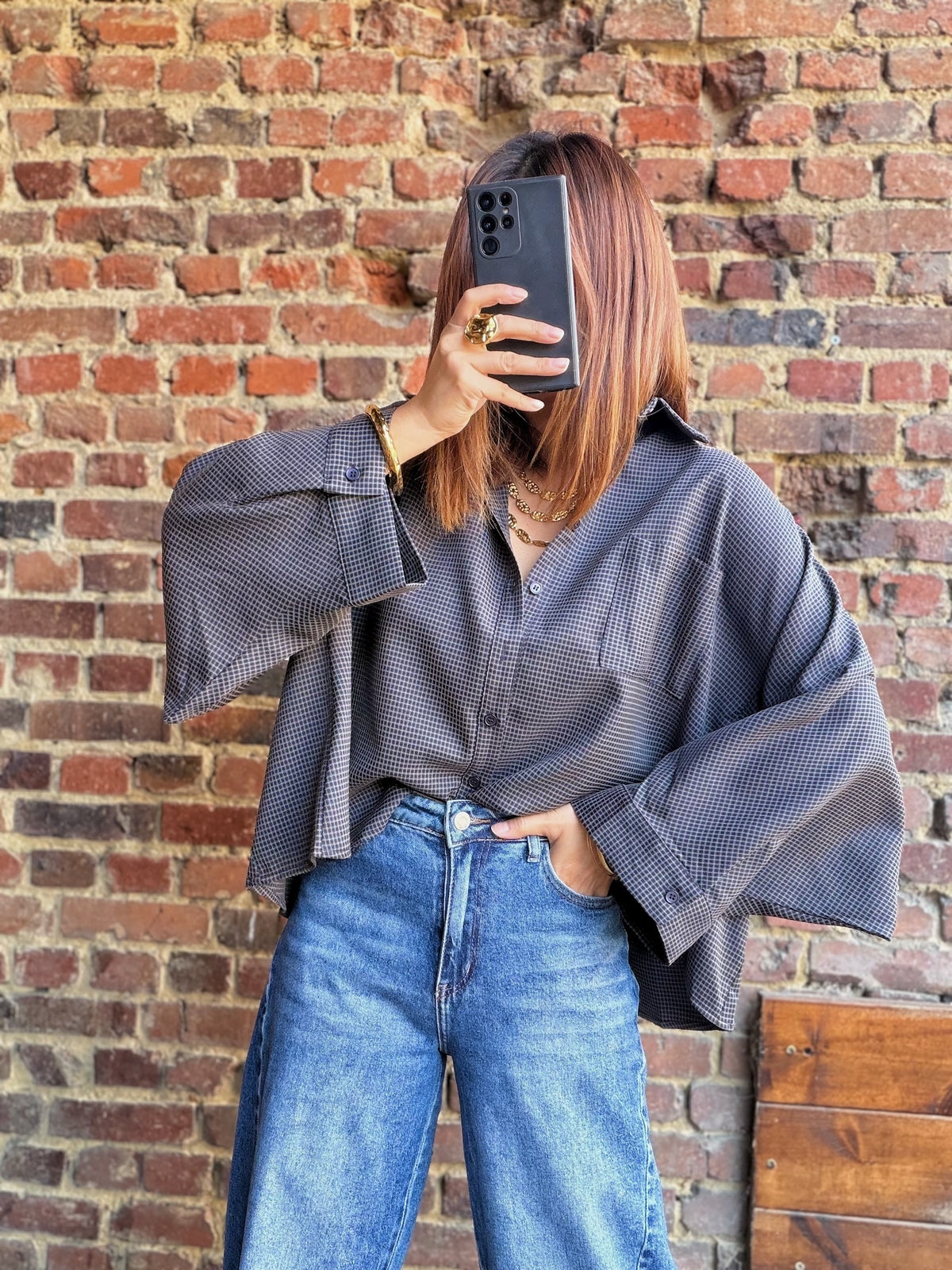 Chemise bleue à carreaux avec manches 3/4