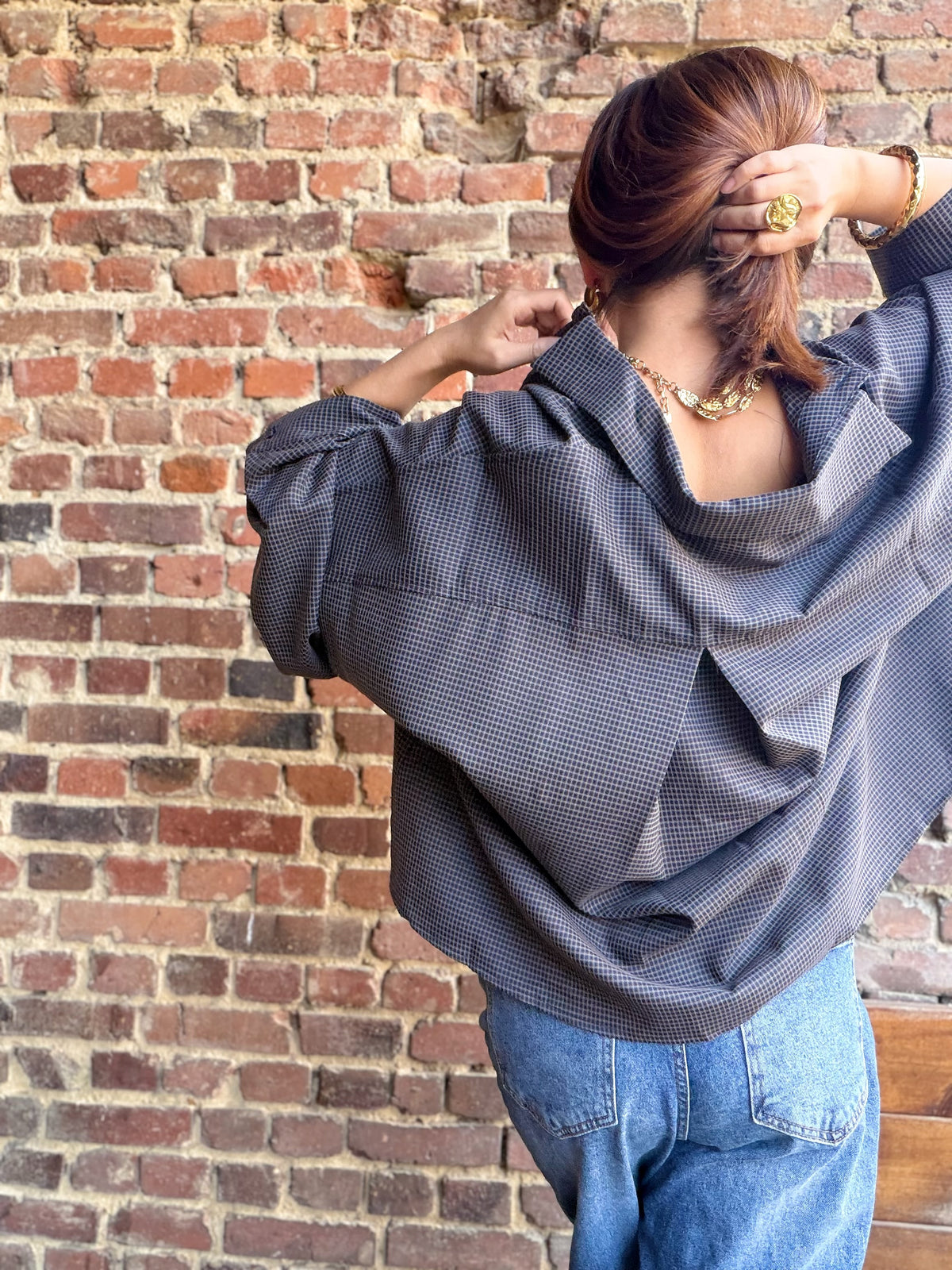 Chemise bleue à carreaux avec manches 3/4