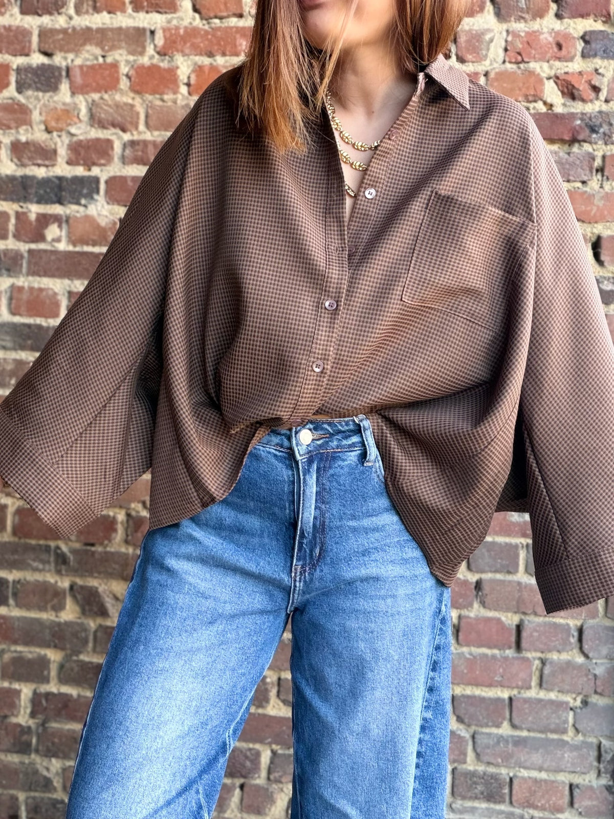 Chemise camel à carreaux avec manches 3/4