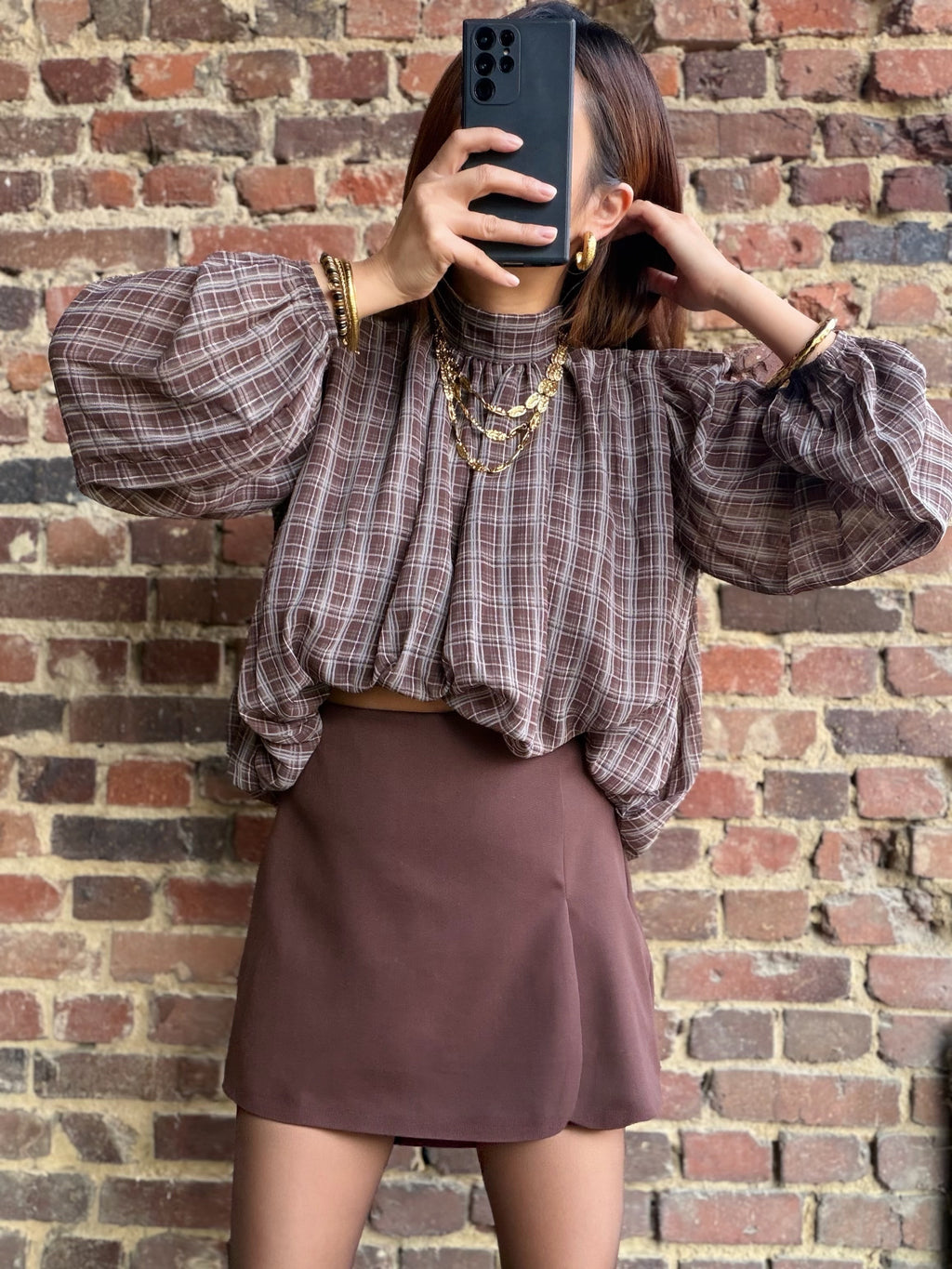 Blouse choco à carreaux