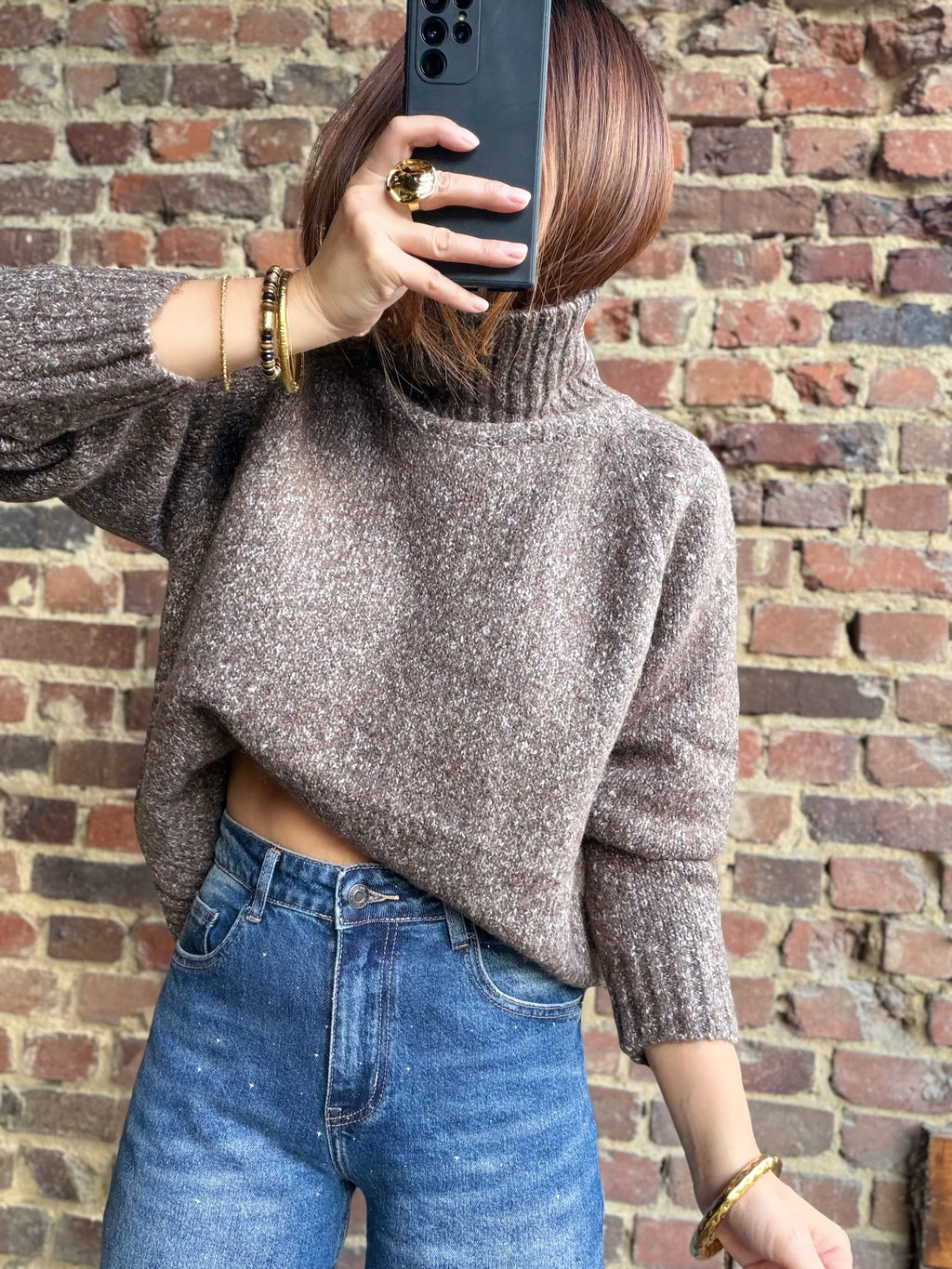 Pull taupe chiné col haut