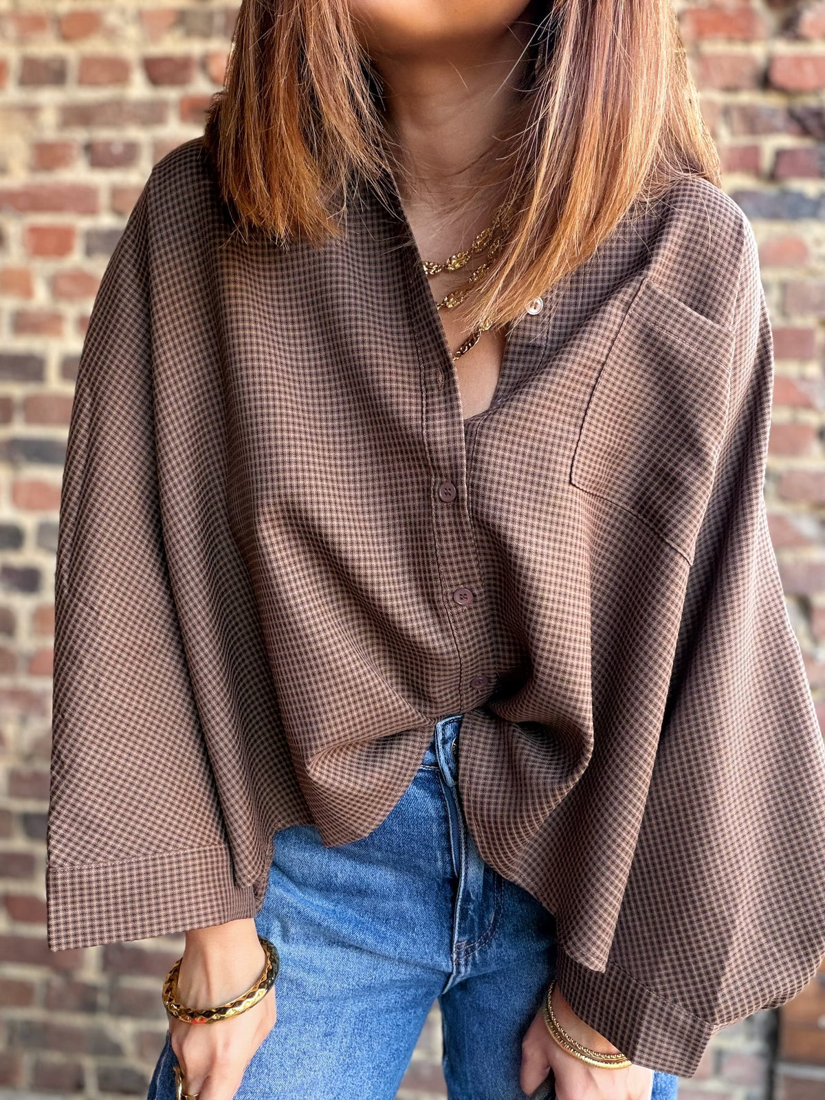 Chemise camel à carreaux avec manches 3/4