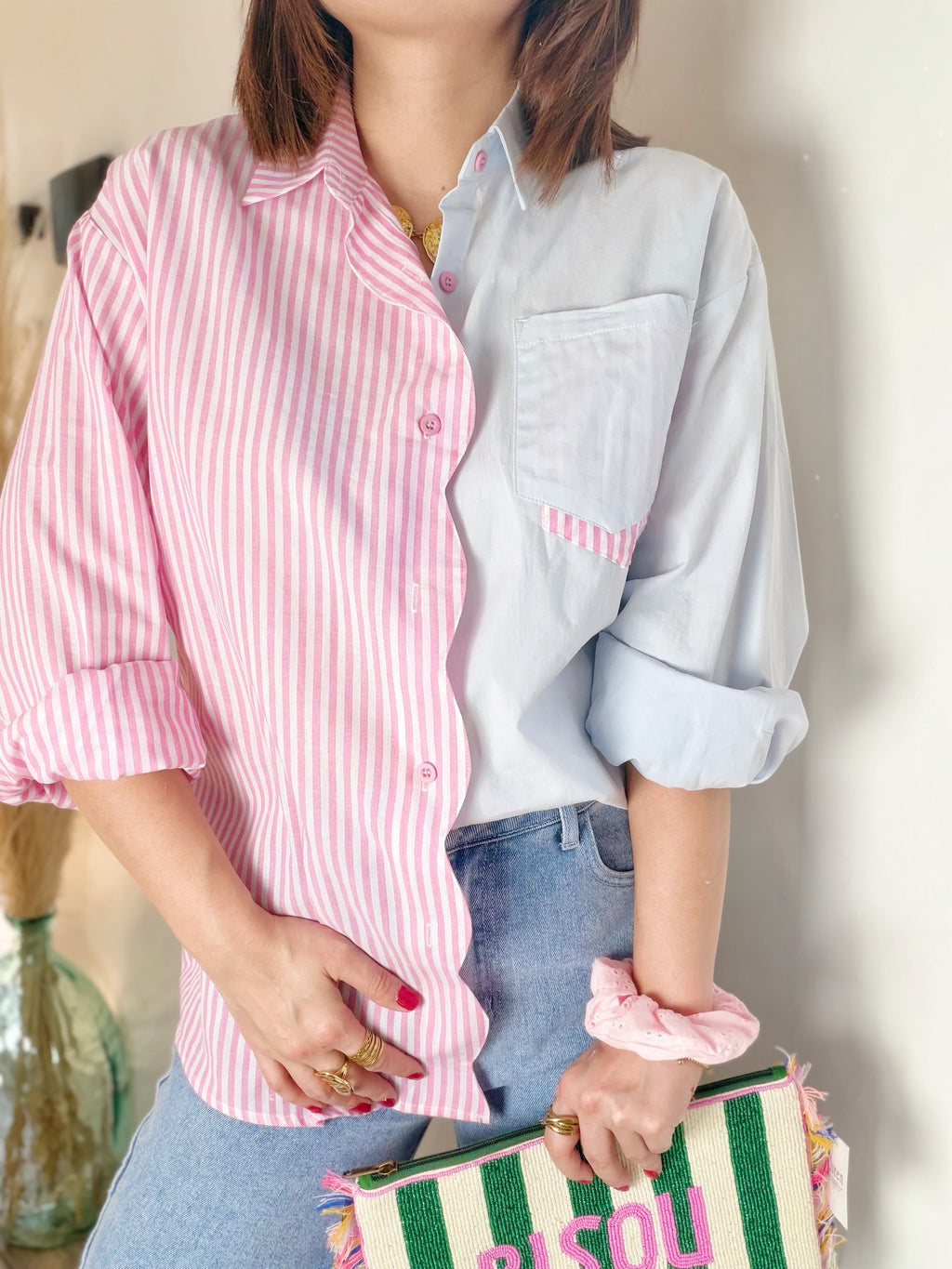 Chemisier rose et bleu