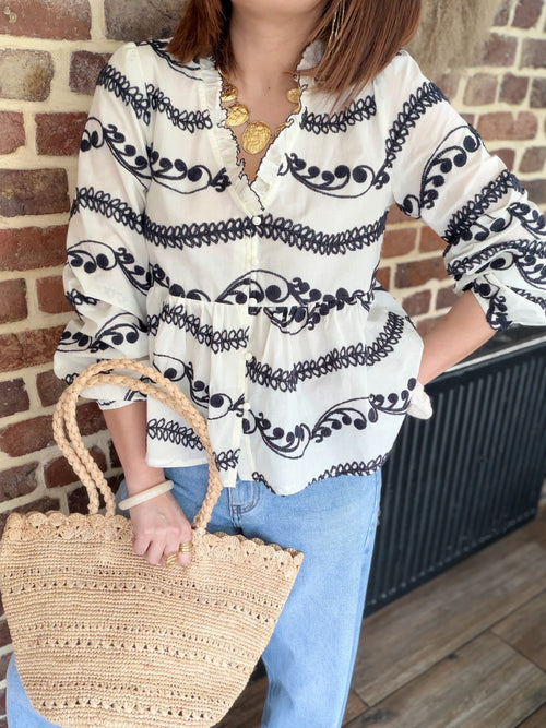 Blouse à broderies bleu marine