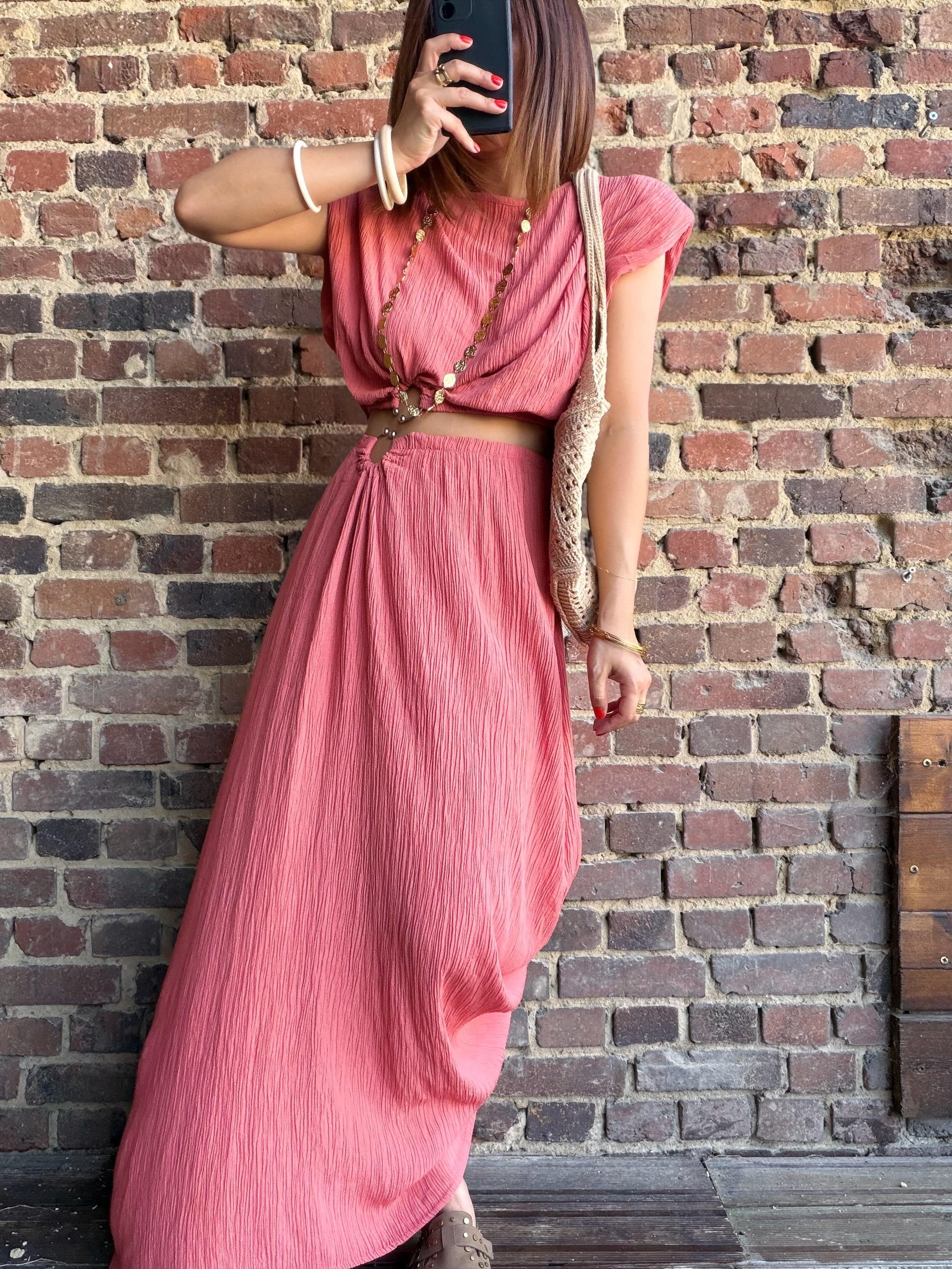 Ensemble crépon rose saumon