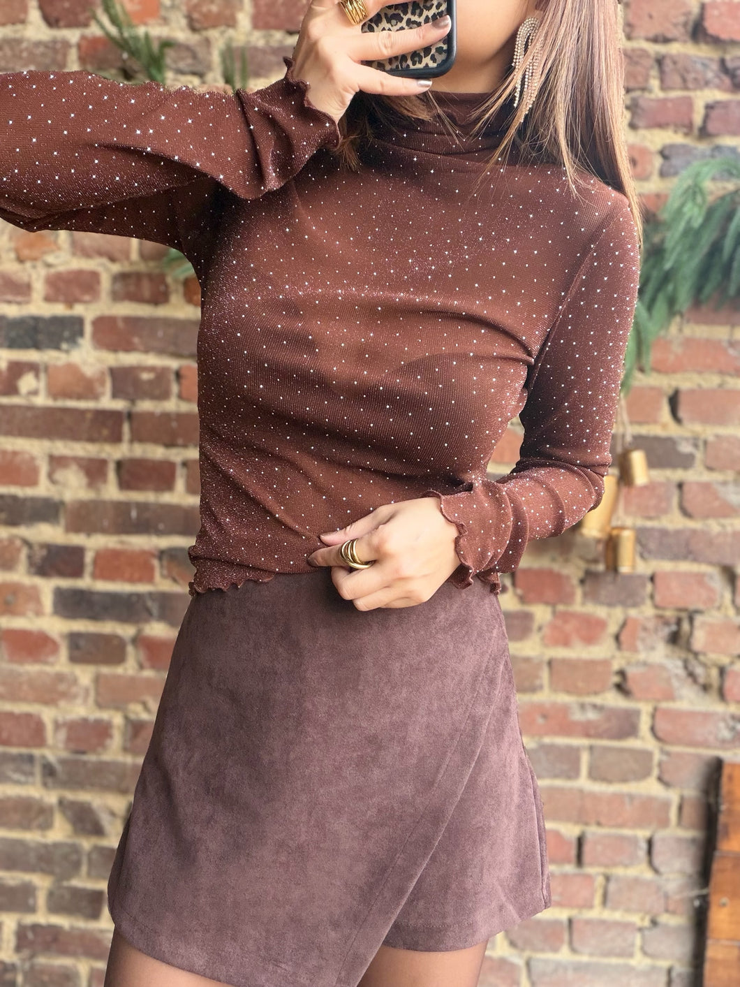 Top transparent chocolat à strass