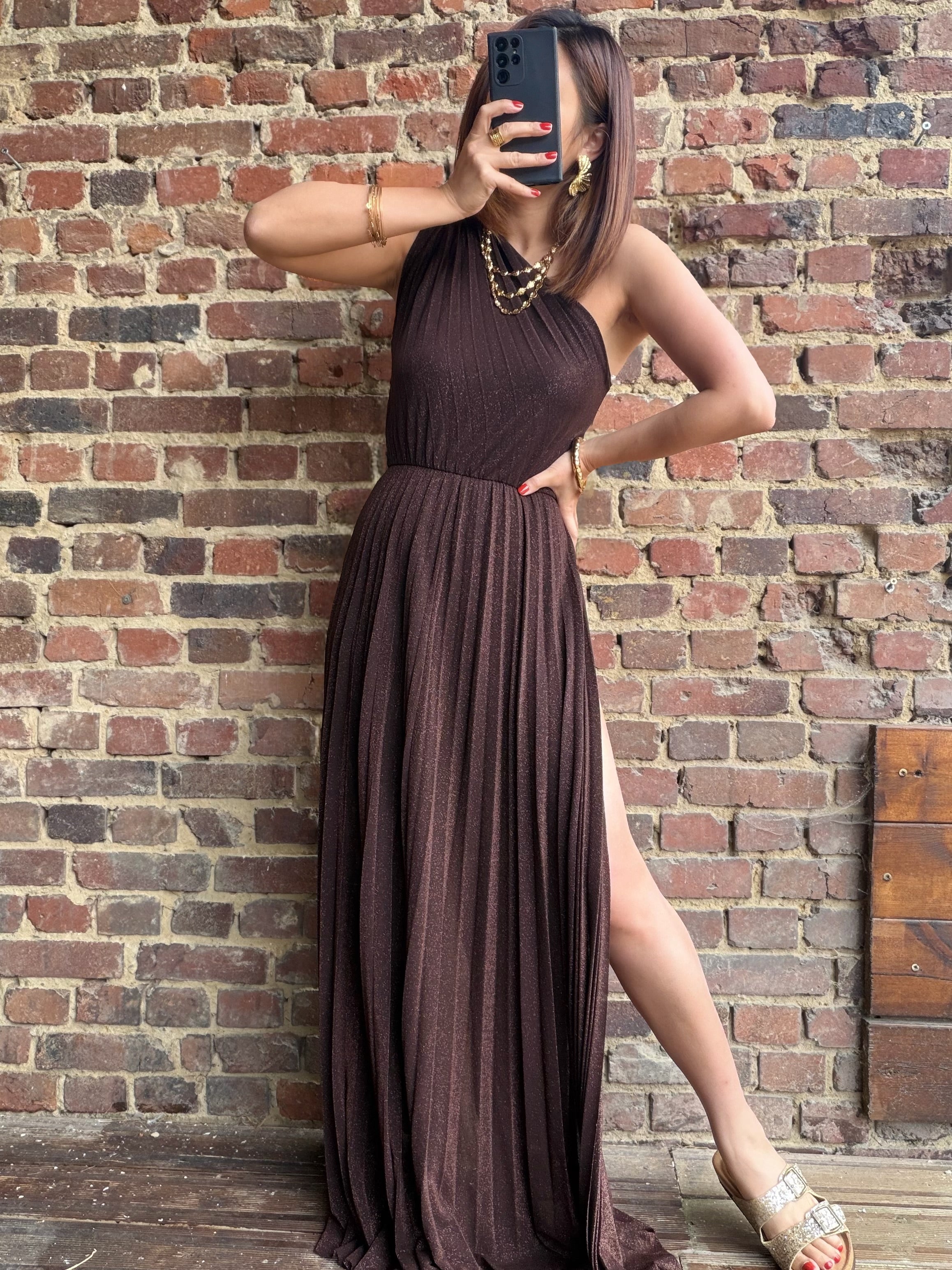 Robe asymétrique pailletée chocolat