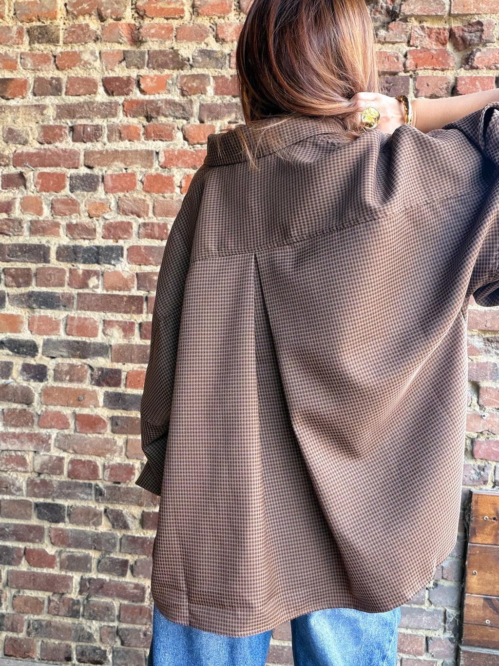 Chemise camel à carreaux avec manches 3/4