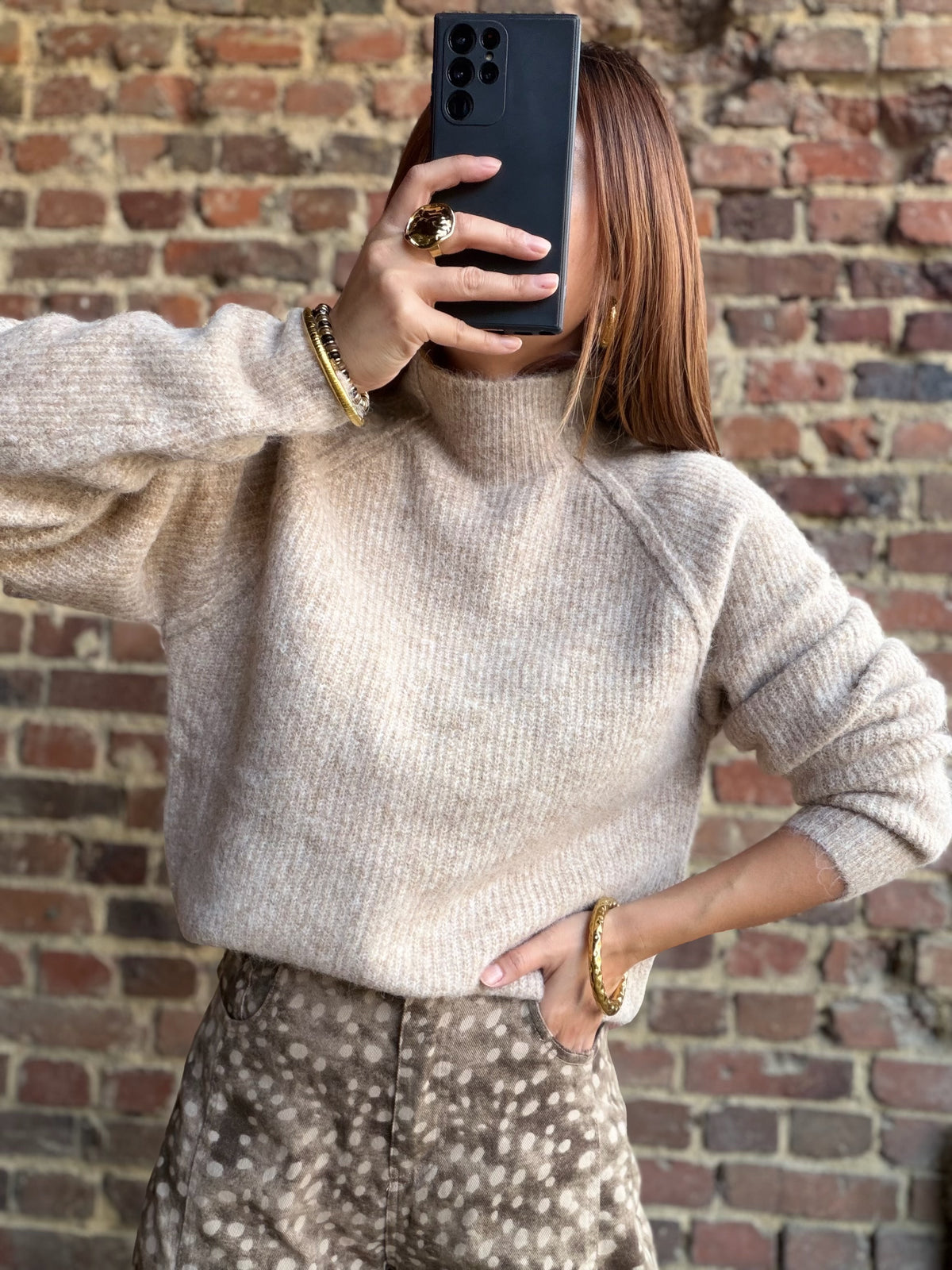 Pull taupe col haut