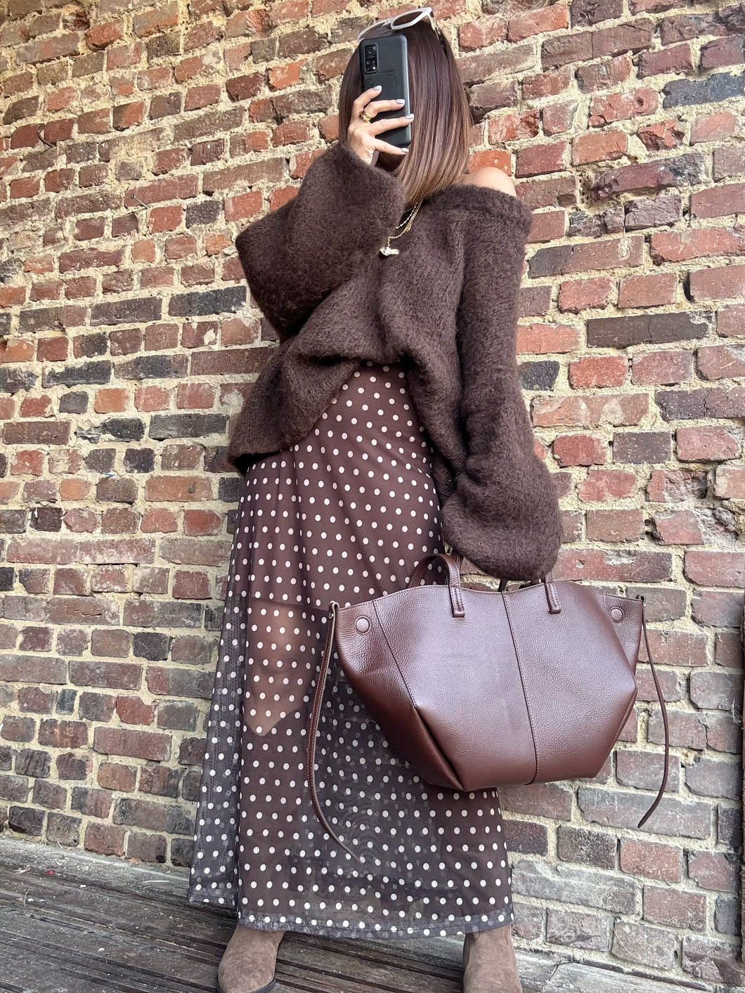 Jupe marron longue à pois