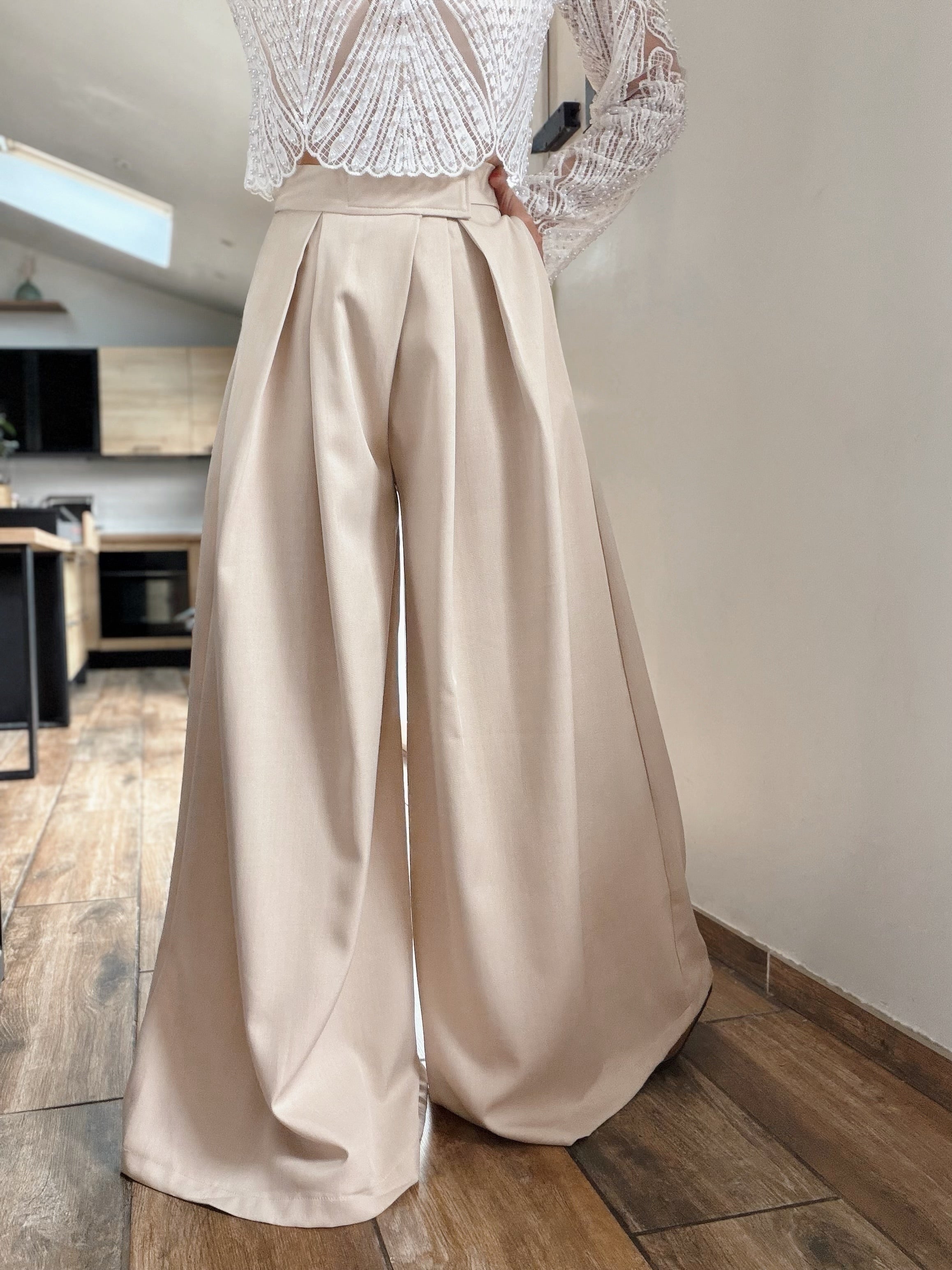Pantalon large beige à scratch