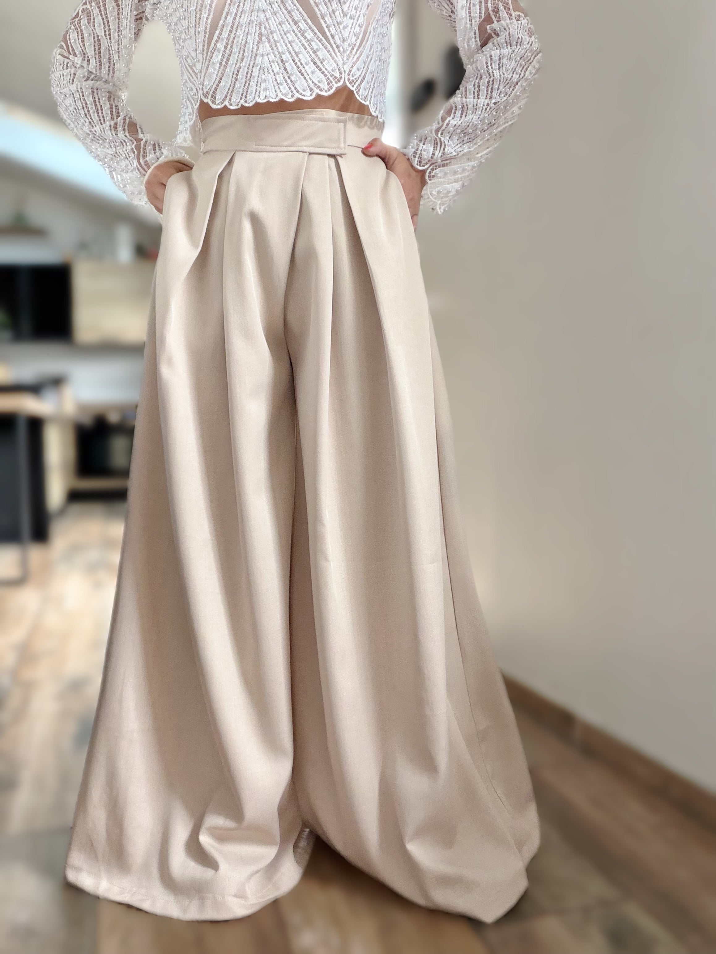 Pantalon large beige à scratch
