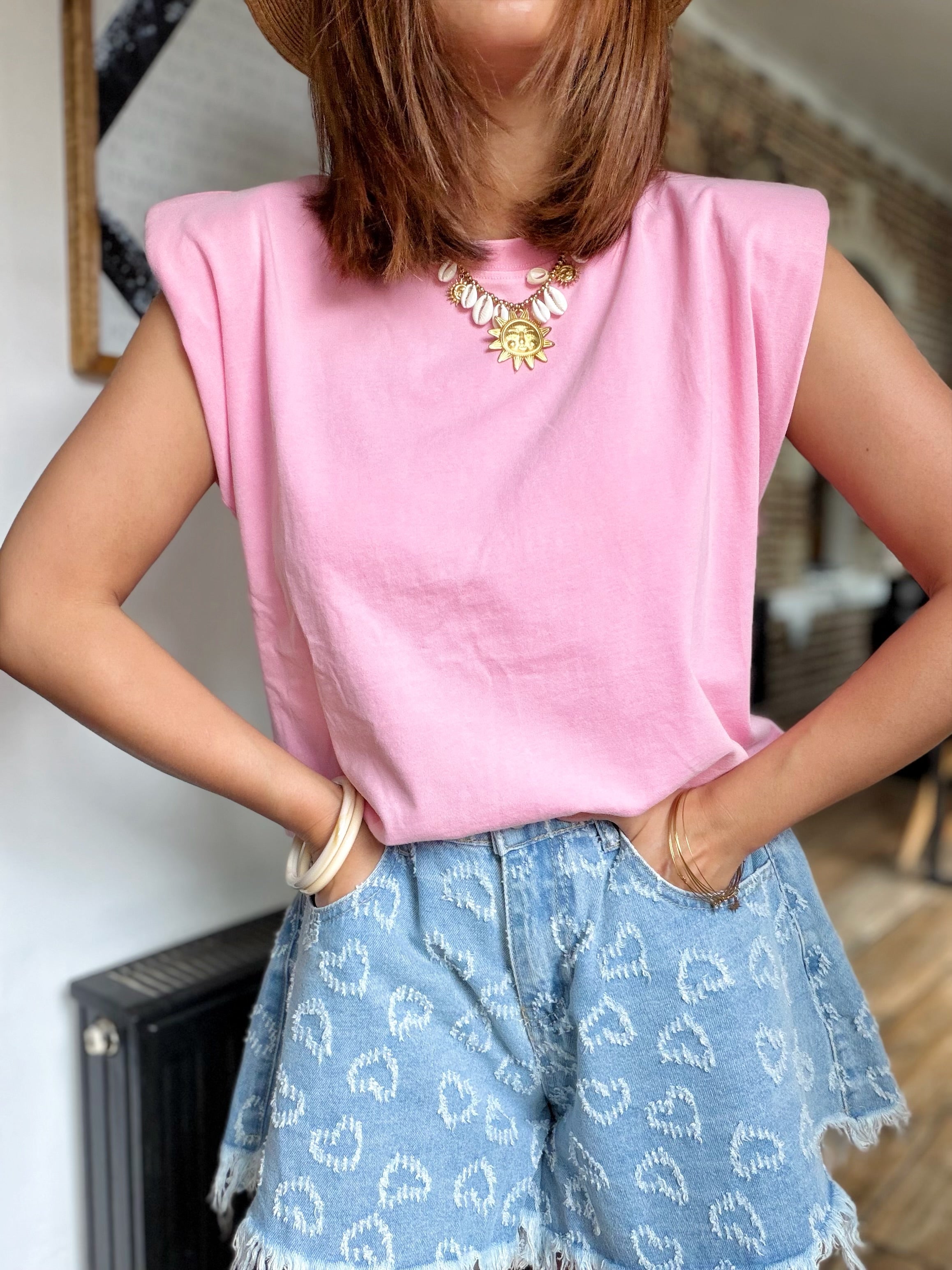 T-shirt rose delavé épaulettes