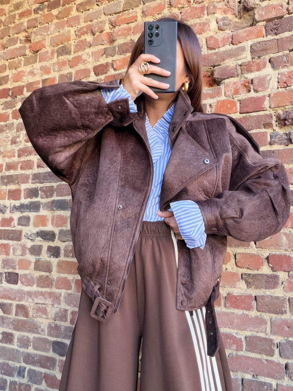 Blouson choco effet poil court col haut