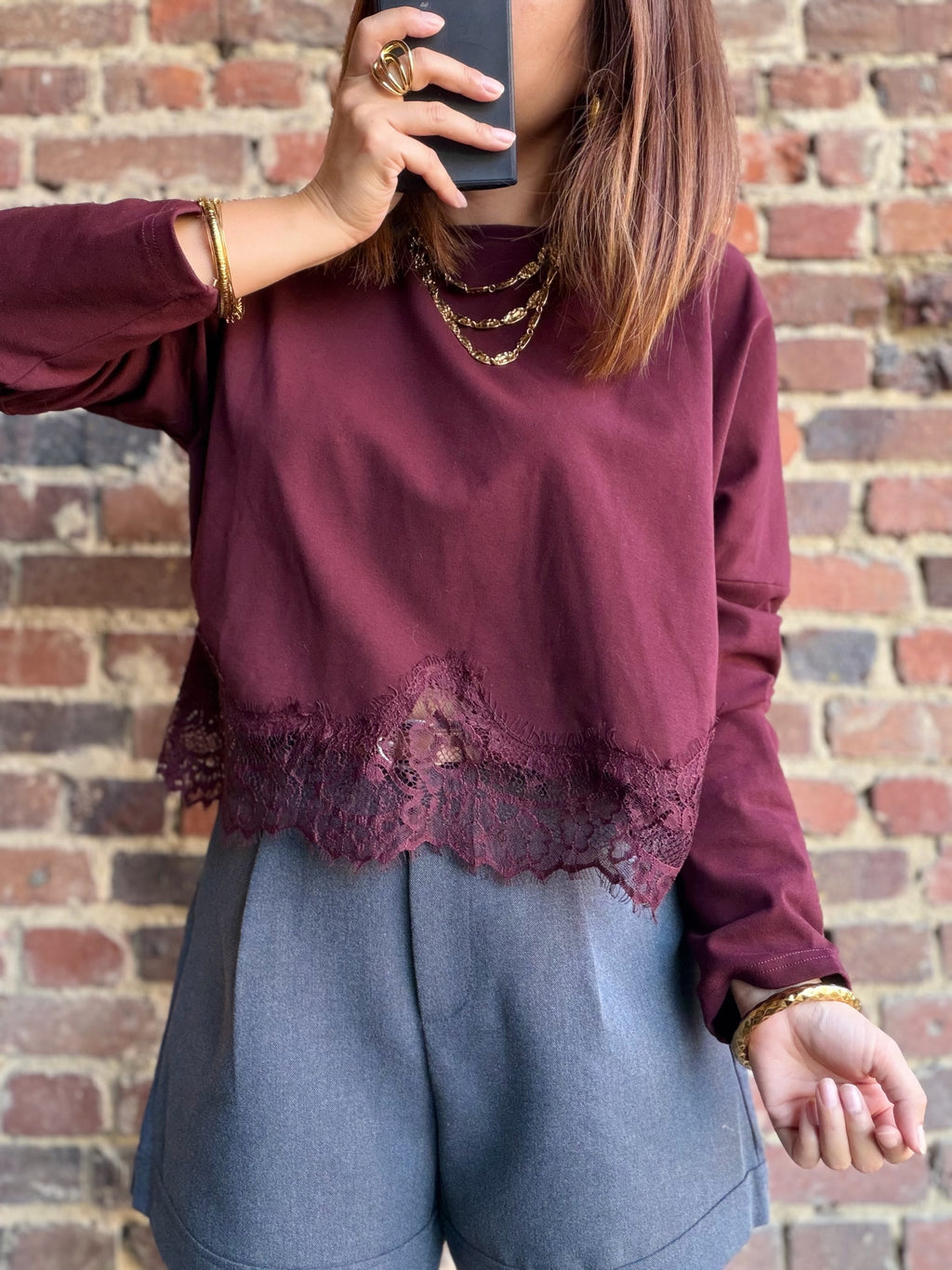T-shirt manches longues bas dentelle bordeaux