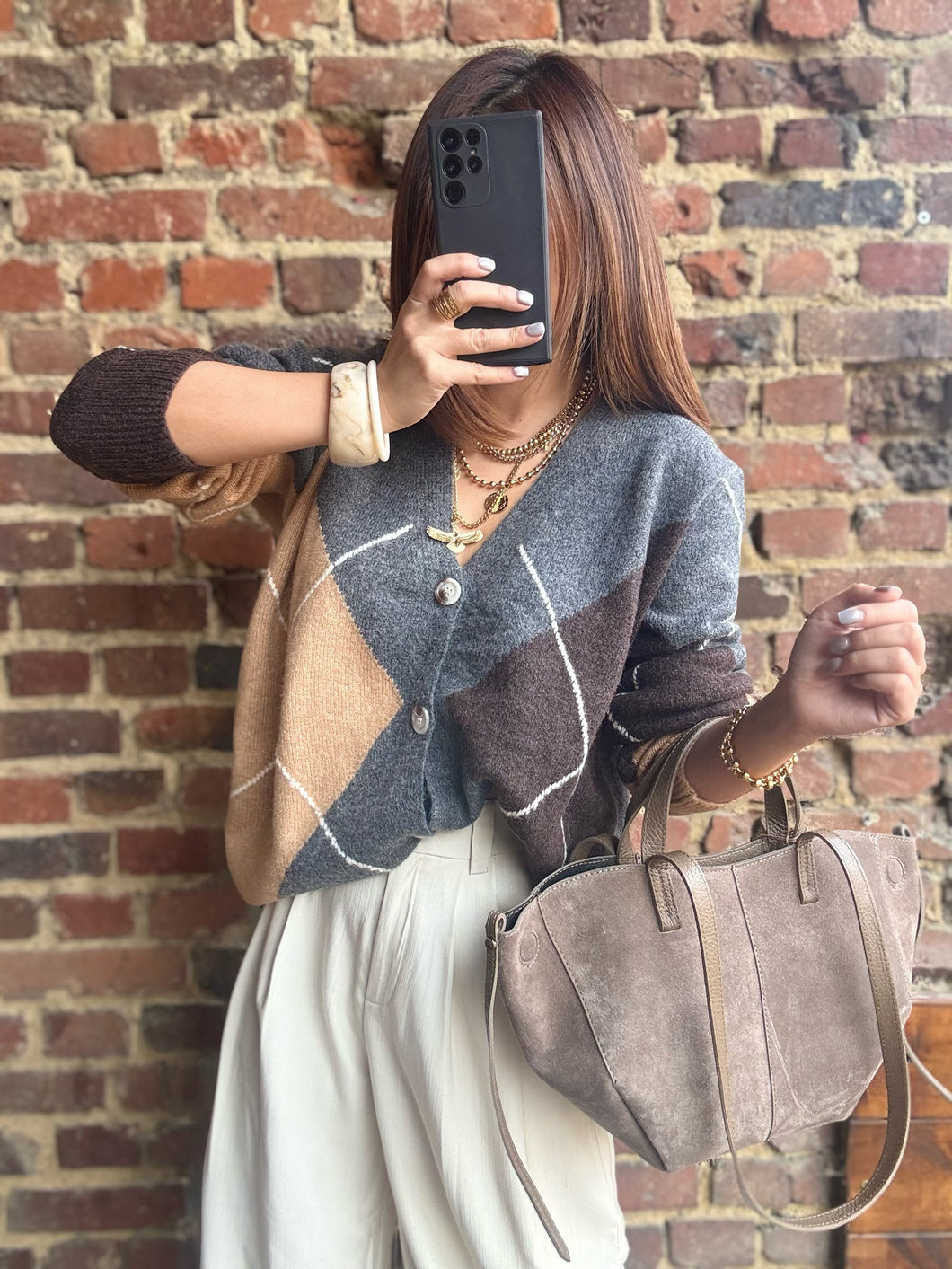 Gilet mi-long gris losange