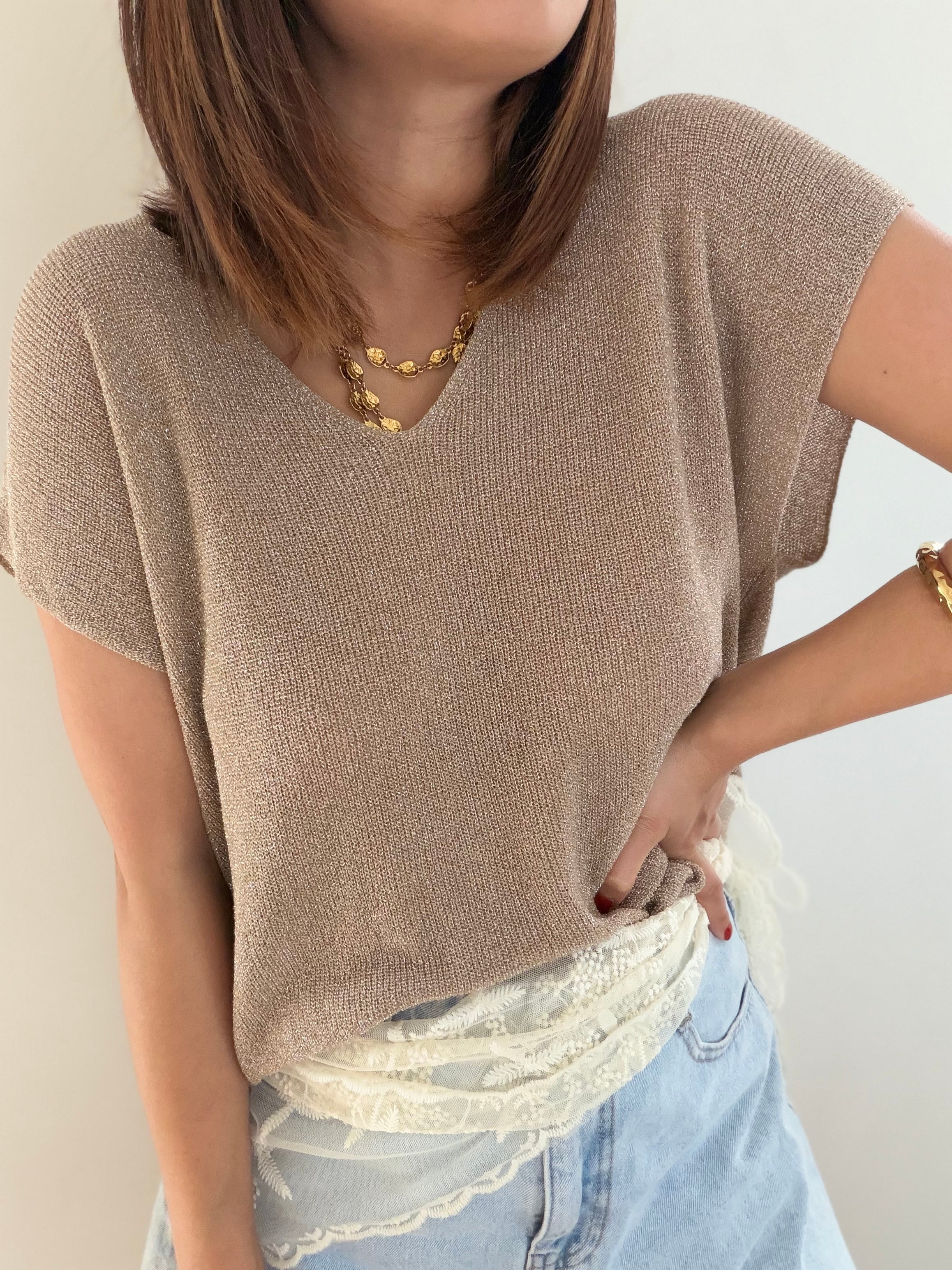 Top à paillettes taupe