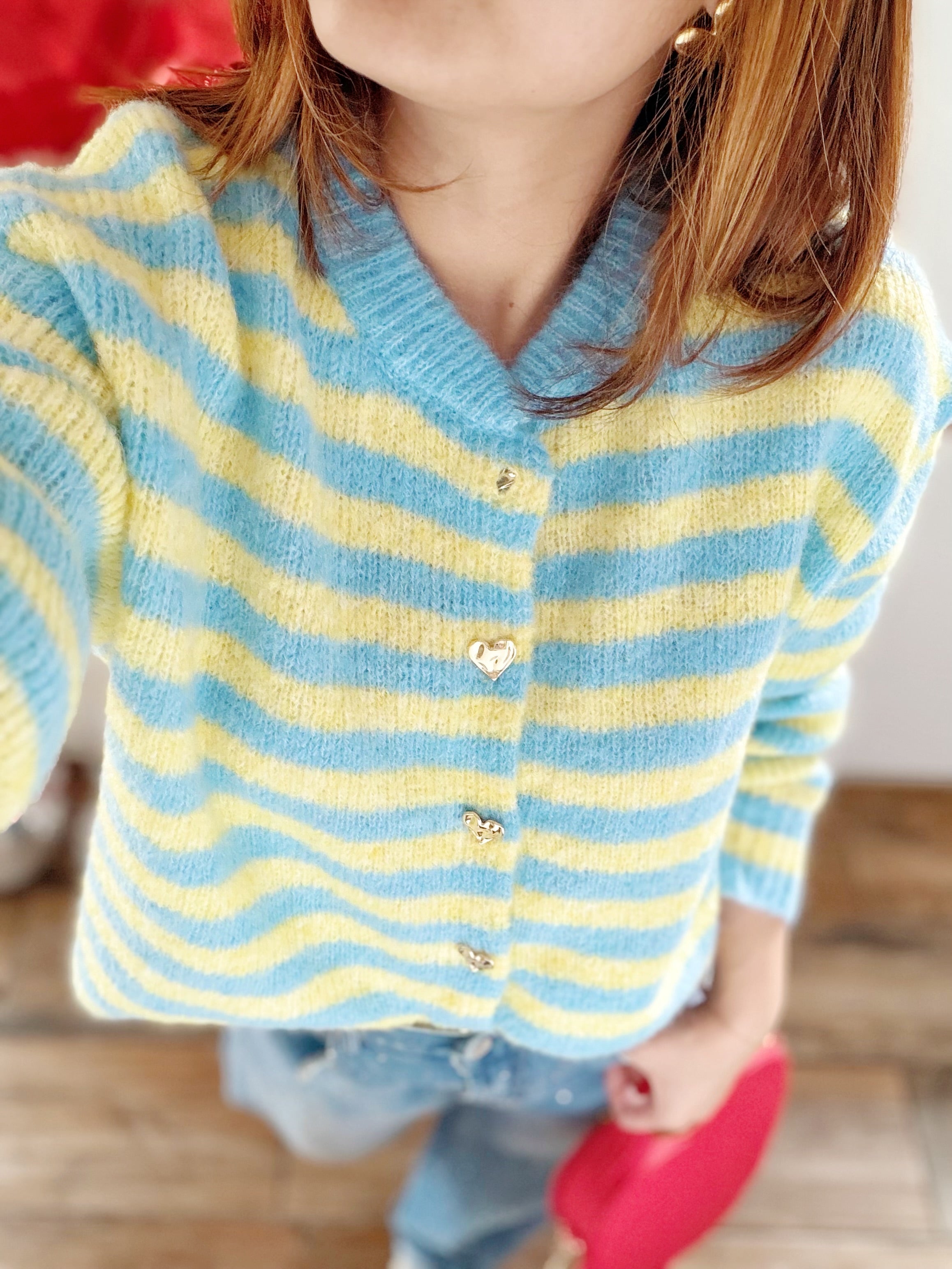 Gilet rayé bleu jaune  boutons cœurs