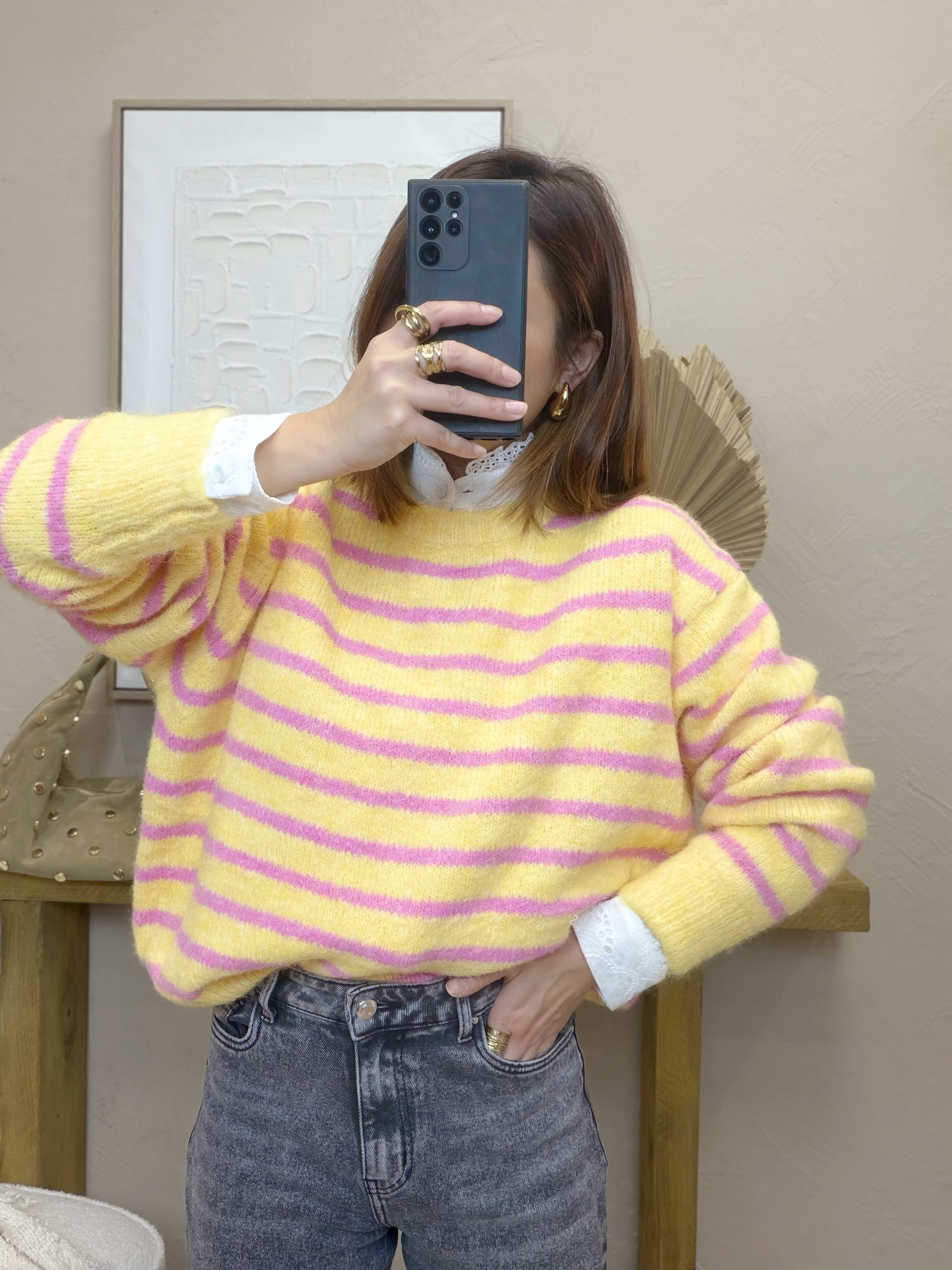 Pull rayé jaune et rose