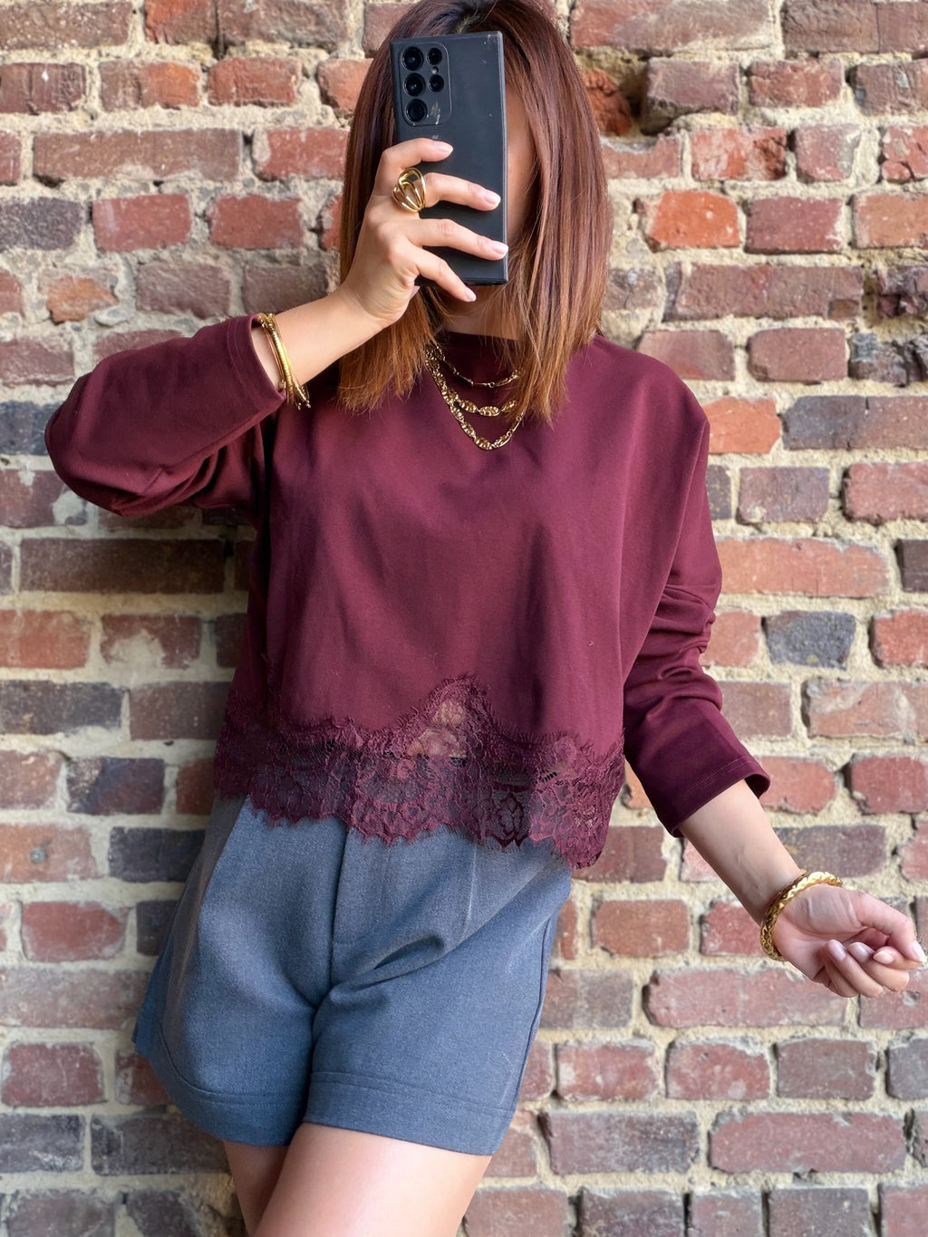 T-shirt manches longues bas dentelle bordeaux