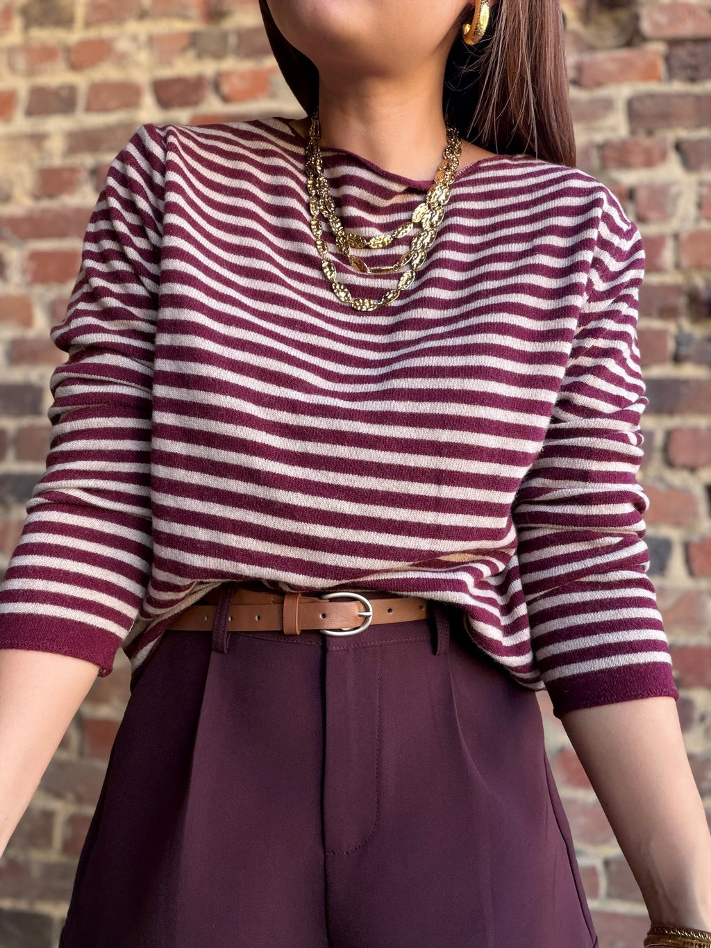 Pull fin à rayures bordeaux et beige
